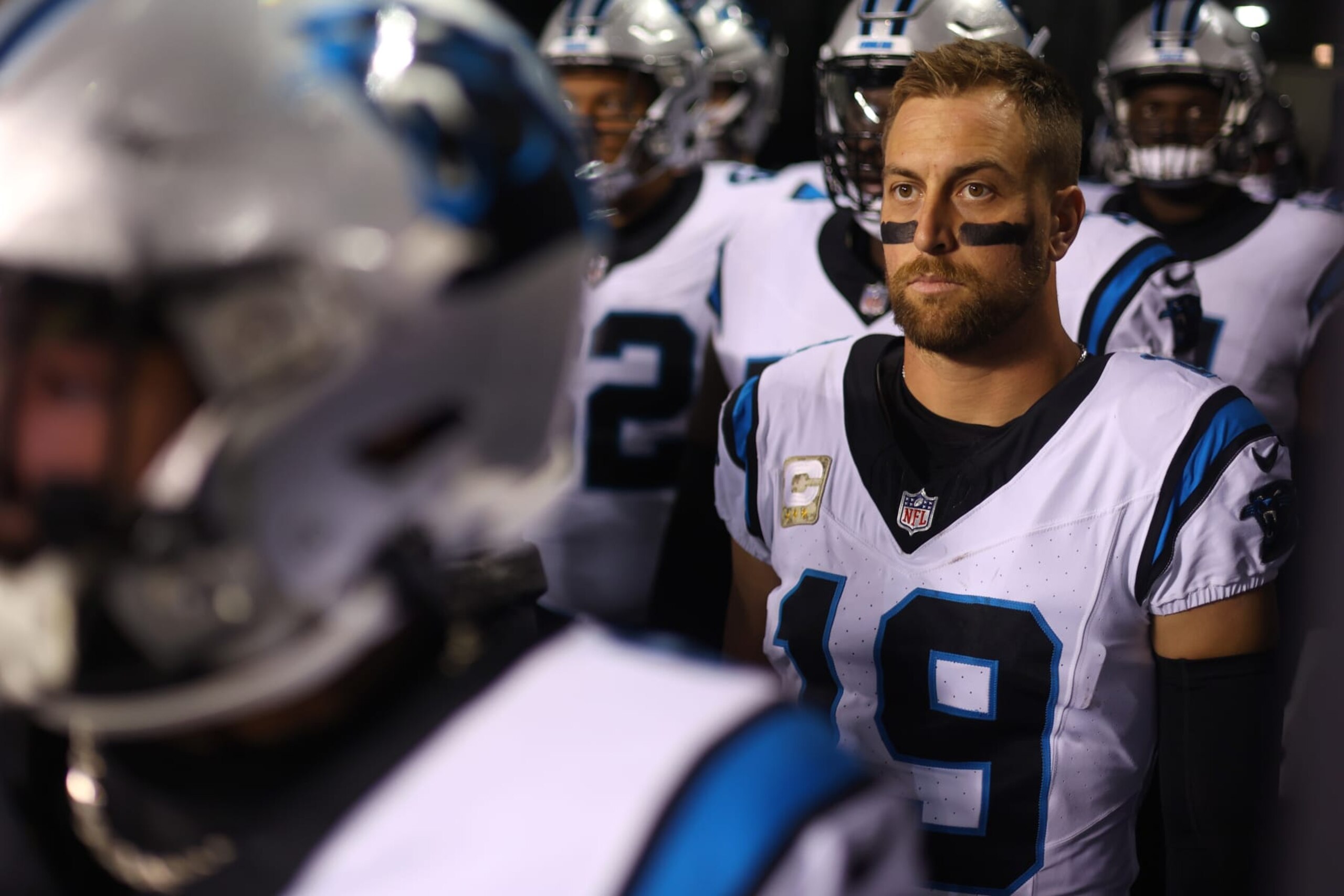 CHICAGO, ILLINOIS - NOVEMBER 09: Adam Thielen #19 of the Carolina Panthers prepares to take the field prior to a game against the Chicago Bears at Soldier Field on November 09, 2023 in Chicago, Illinois. (Photo by Michael Reaves/Getty Images)