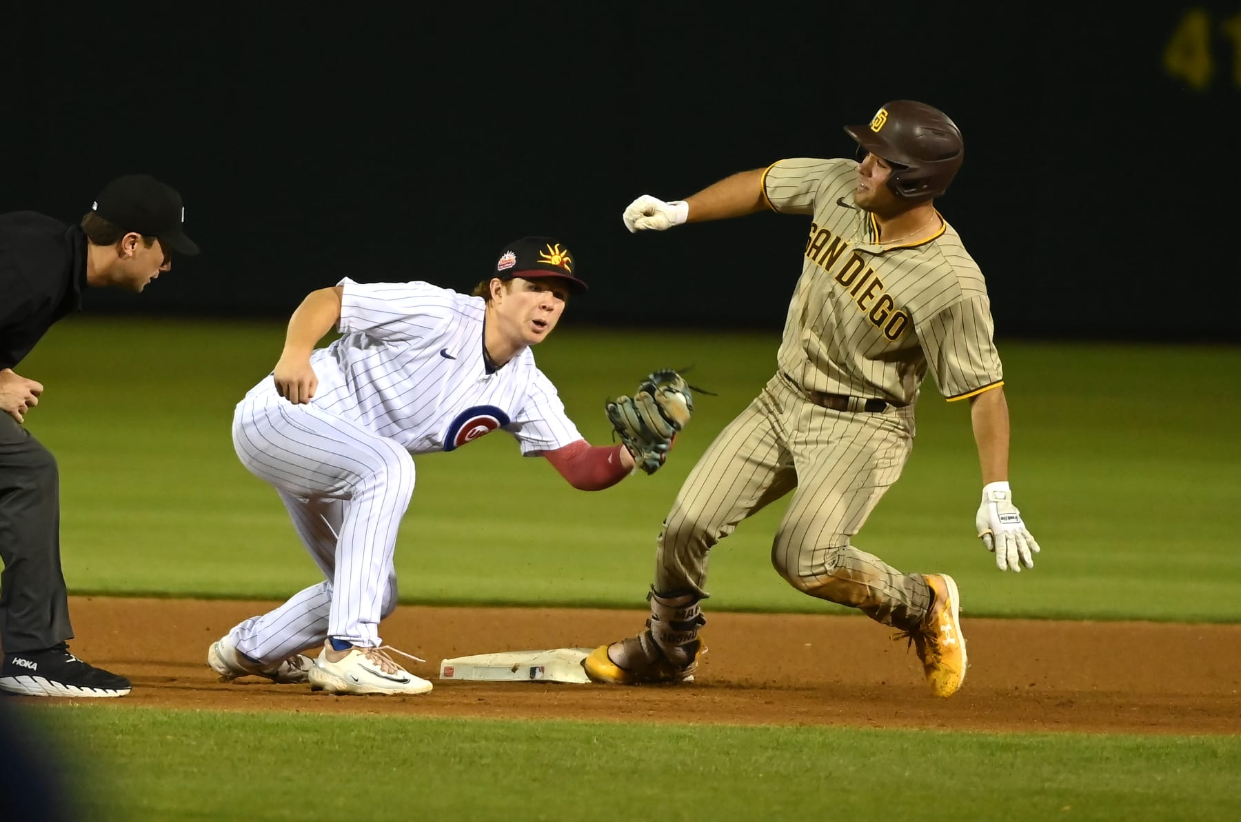 MESA, AZ - OCTOBER 28: James Triantos #1 of the Mesa Solar Sox tags the runner during the game between the Peoria Javelinas and the Mesa Solar Sox at Hohokam Stadium on Saturday, October 28, 2023 in Mesa, Arizona. (Photo by Norm Hall/MLB Photos via Getty Images)