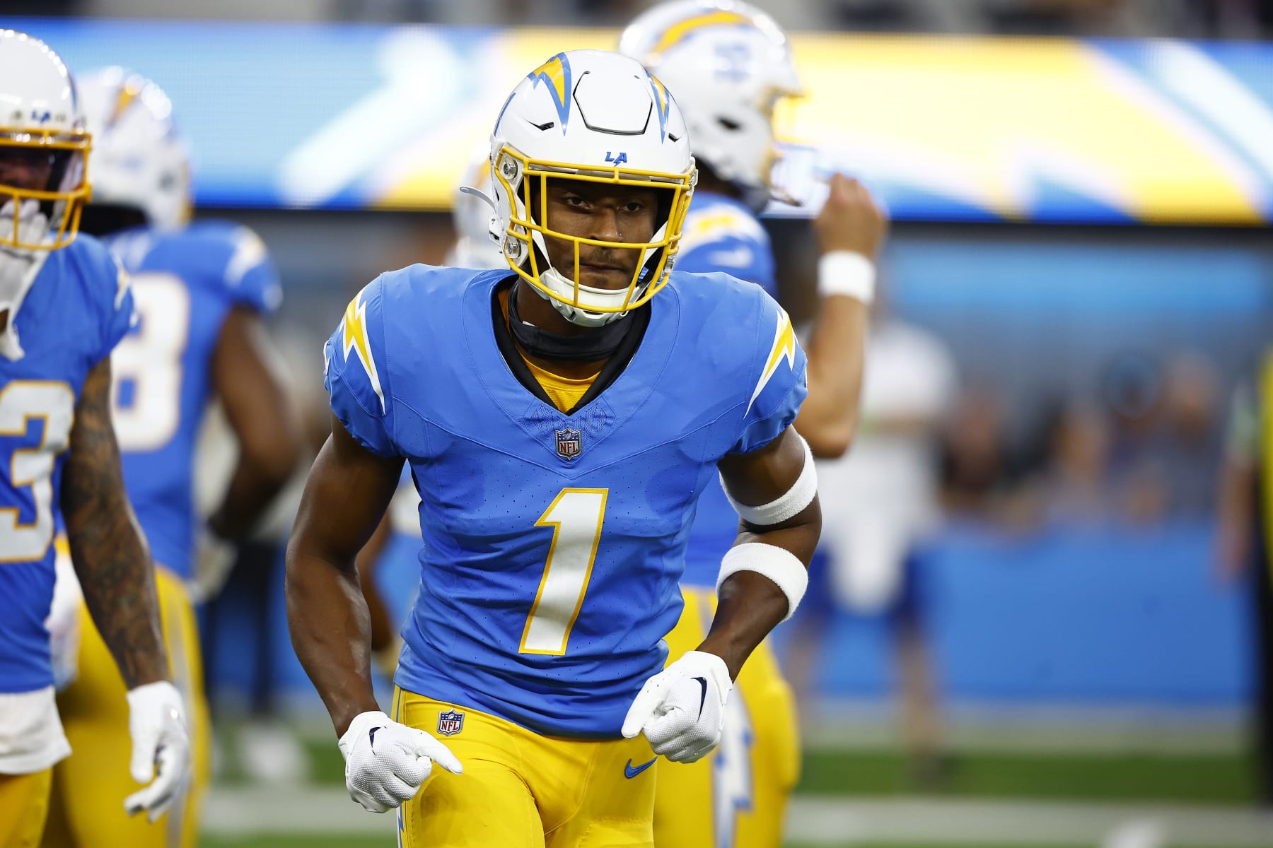 INGLEWOOD, CALIFORNIA - OCTOBER 16:  Quentin Johnston #1 of the Los Angeles Chargers at SoFi Stadium on October 16, 2023 in Inglewood, California. (Photo by Ronald Martinez/Getty Images)