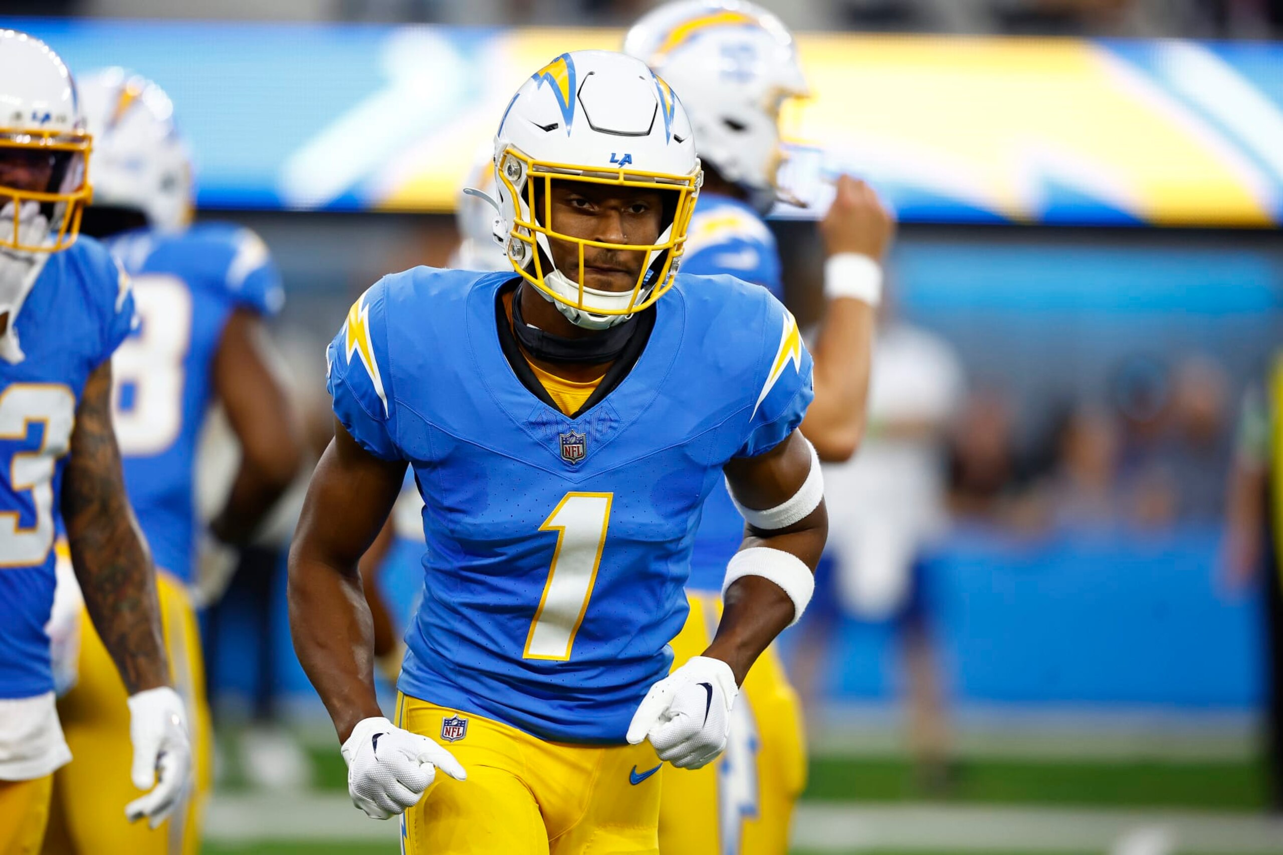INGLEWOOD, CALIFORNIA - OCTOBER 16:  Quentin Johnston #1 of the Los Angeles Chargers at SoFi Stadium on October 16, 2023 in Inglewood, California. (Photo by Ronald Martinez/Getty Images)