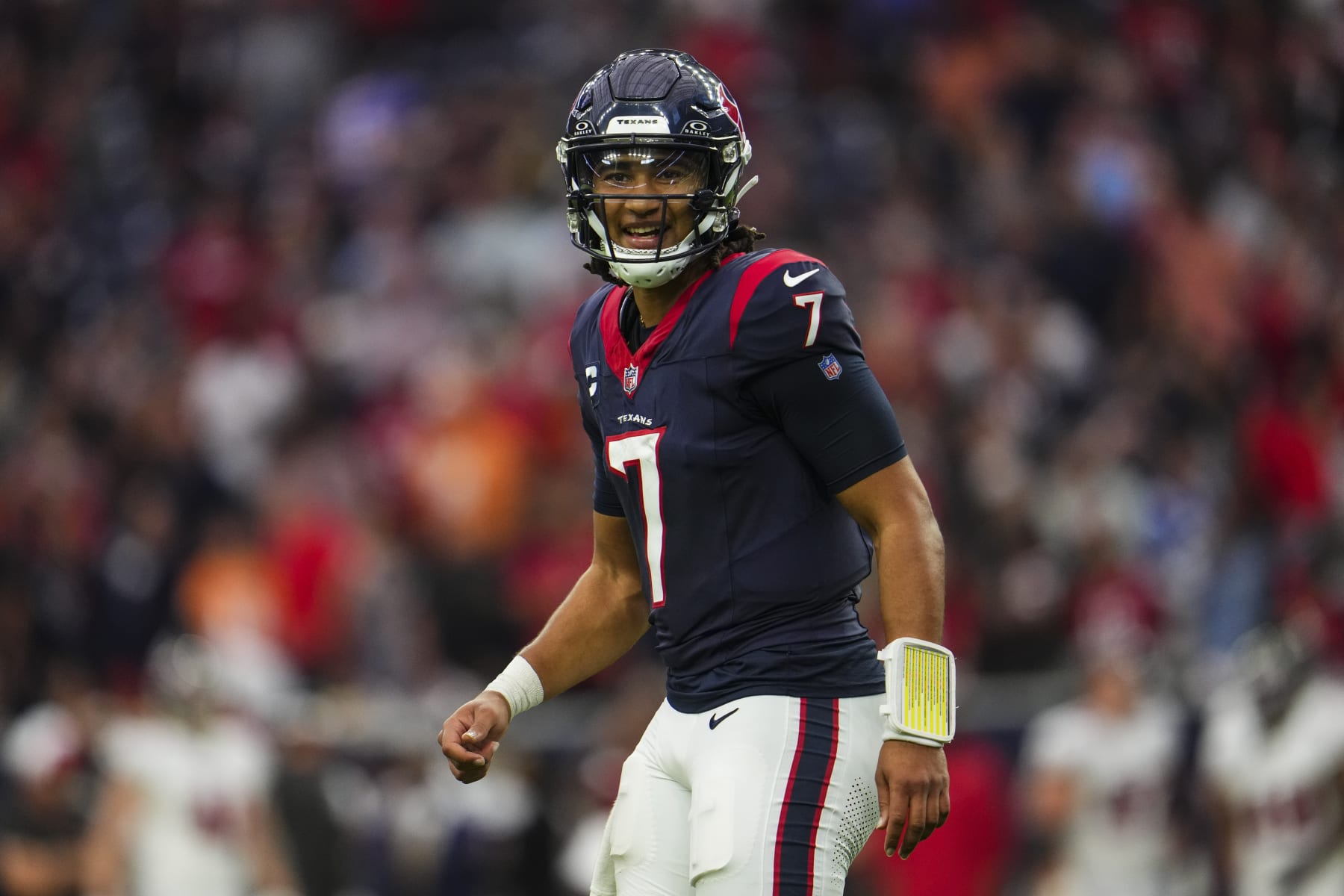 HOUSTON, TX - NOVEMBER 05: C.J. Stroud #7 of the Houston Texans celebrates during an NFL football game against the Tampa Bay Buccaneers at NRG Stadium on November 5, 2023 in Houston, Texas. (Photo by Cooper Neill/Getty Images)