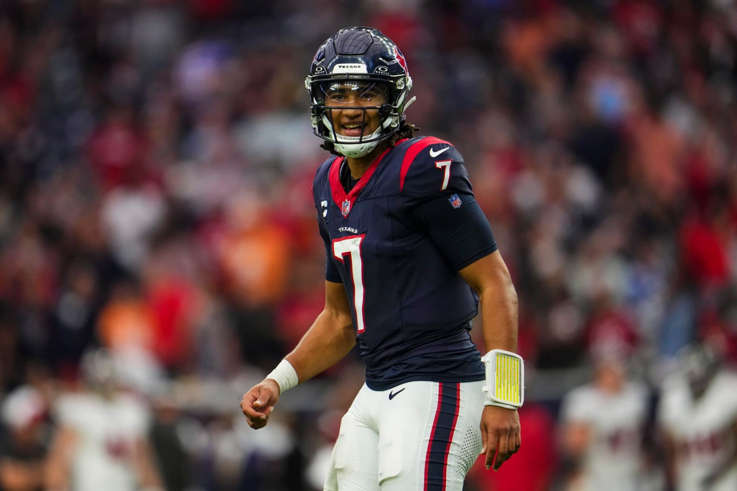 HOUSTON, TX - NOVEMBER 05: C.J. Stroud #7 of the Houston Texans celebrates during an NFL football game against the Tampa Bay Buccaneers at NRG Stadium on November 5, 2023 in Houston, Texas. (Photo by Cooper Neill/Getty Images)