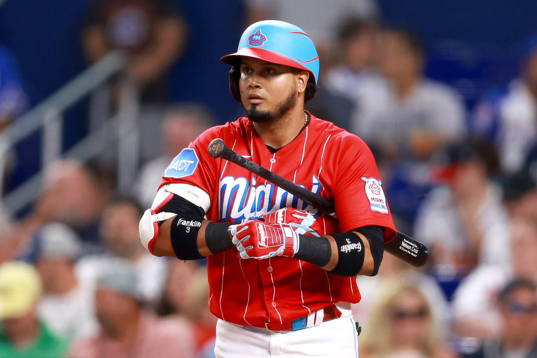 MIAMI, FLORIDA - SEPTEMBER 16: Luis Arraez #3 of the Miami Marlins at bat against the Atlanta Braves during the sixth inning at loanDepot park on September 16, 2023 in Miami, Florida. (Photo by Megan Briggs/Getty Images)