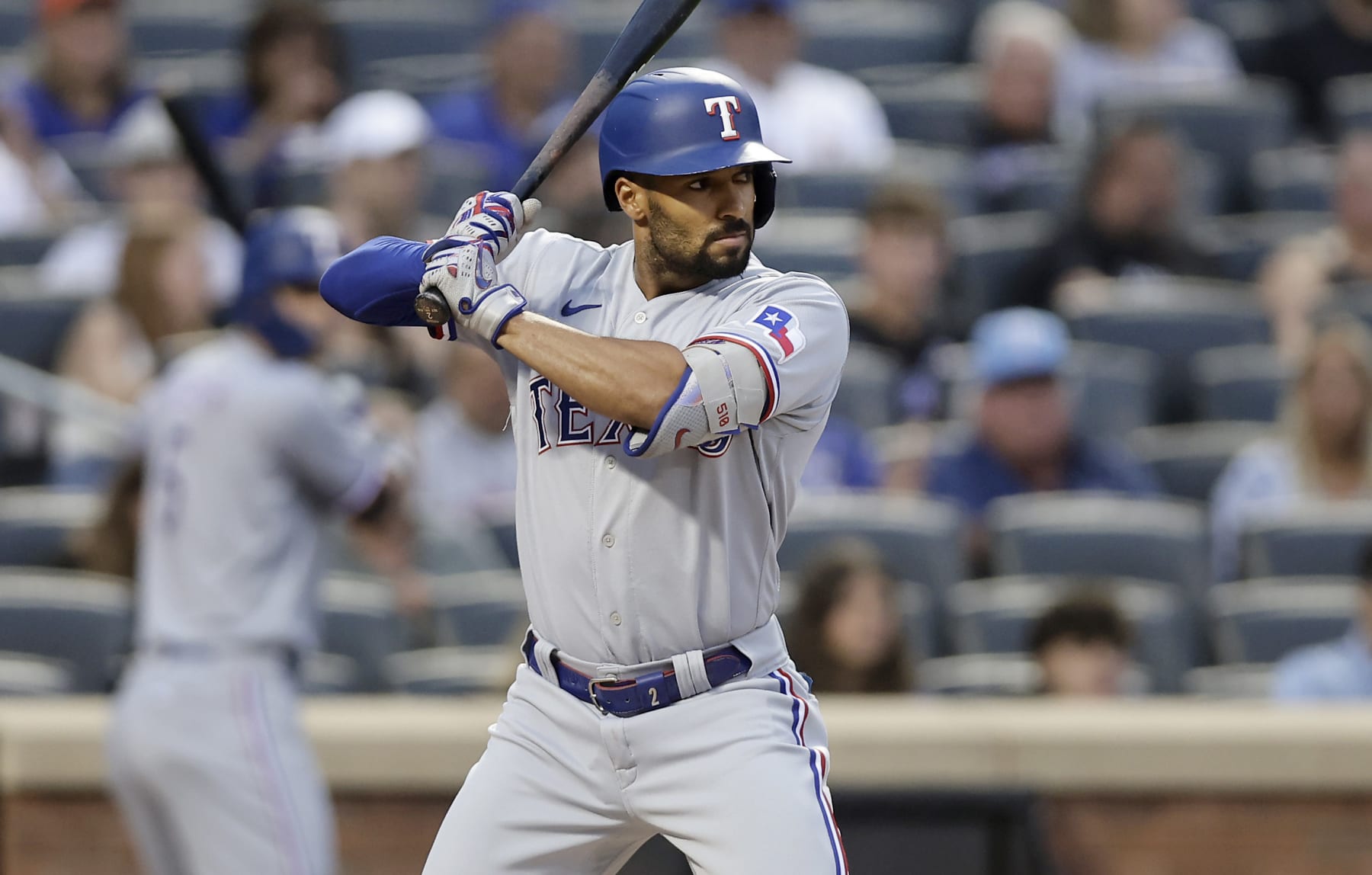 NEW YORK, NEW YORK - AUGUST 29:  Marcus Semien #2 of the Texas Rangers in action against the New York Mets at Citi Field on August 29, 2023 in New York City. The Rangers defeated the Mets 3-1. (Photo by Jim McIsaac/Getty Images)