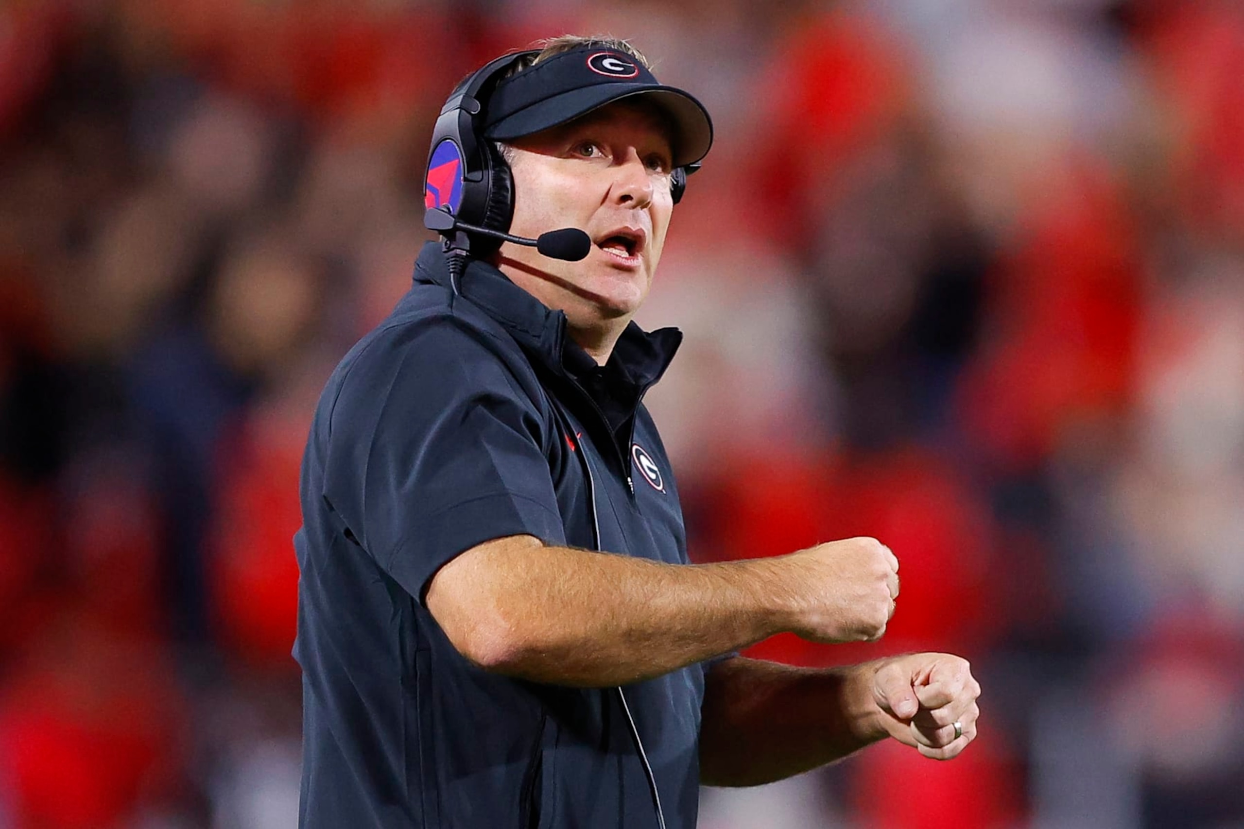 ATHENS, GEORGIA - OCTOBER 7: Head coach Kirby Smart of the Georgia Bulldogs reacts during the second quarter against the Kentucky Wildcats at Sanford Stadium on October 7, 2023 in Athens, Georgia. (Photo by Todd Kirkland/Getty Images) ATHENS, GEORGIA - OCTOBER 7: Head coach Kirby Smart of the Georgia Bulldogs reacts during the second quarter against the Kentucky Wildcats at Sanford Stadium on October 7, 2023 in Athens, Georgia. (Photo by Todd Kirkland/Getty Images)