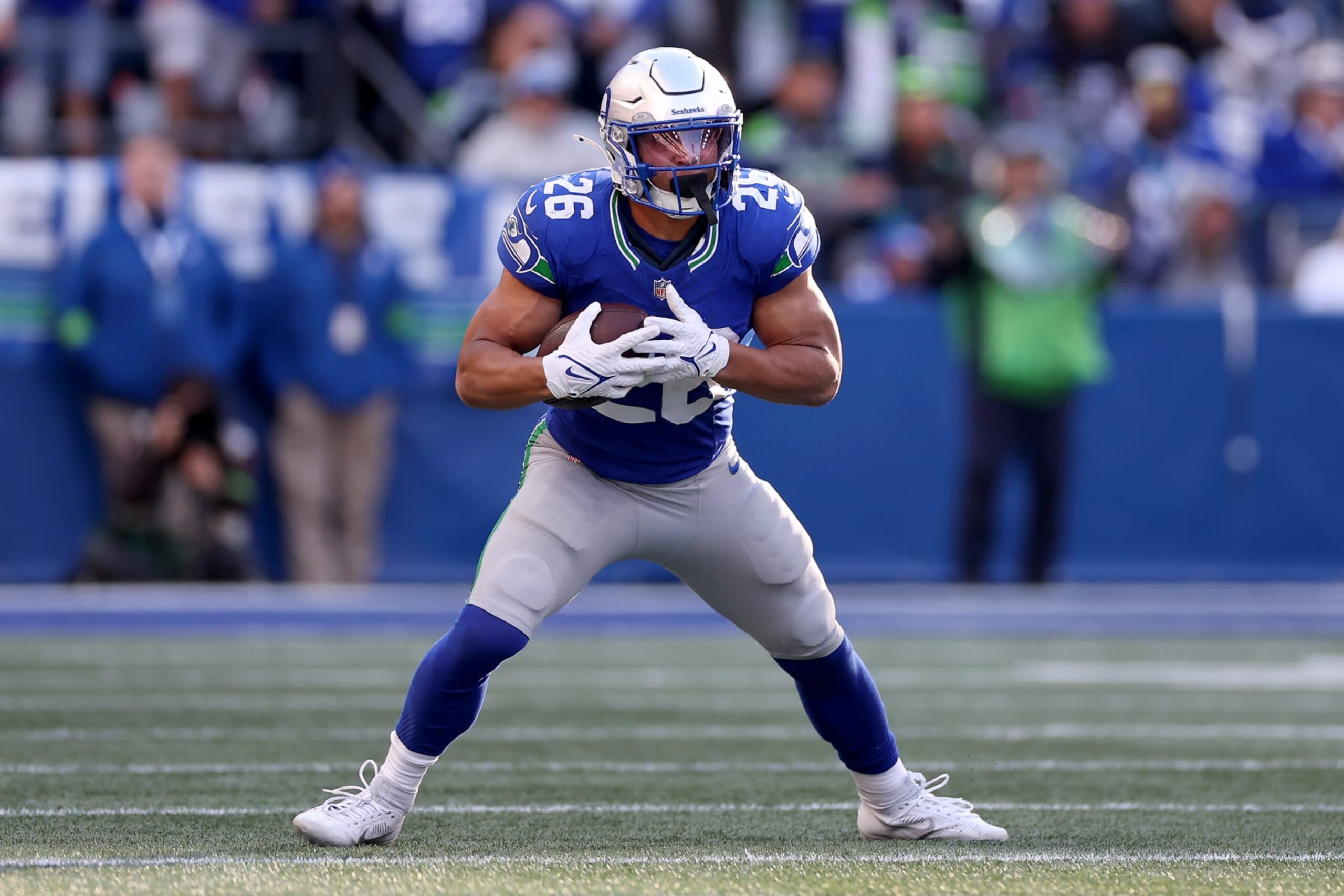 SEATTLE, WASHINGTON - OCTOBER 29: Zach Charbonnet #26 of the Seattle Seahawks carries the ball during the fourth quarter against the Cleveland Browns at Lumen Field on October 29, 2023 in Seattle, Washington. (Photo by Steph Chambers/Getty Images)