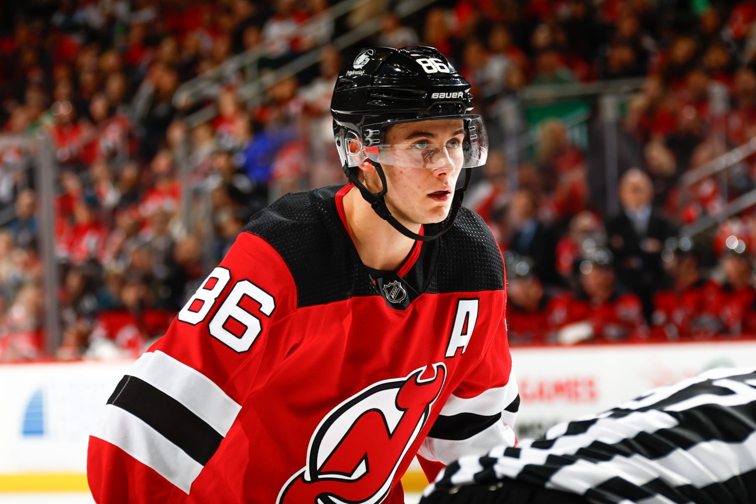 NEWARK, NJ - OCTOBER 29:  Jack Hughes #86 of the New Jersey Devils during the third period of the game against the Minnesota Wild at the Prudential Center on October 29, 2023 in Newark, New Jersey.  (Photo by Rich Graessle/NHLI via Getty Images)