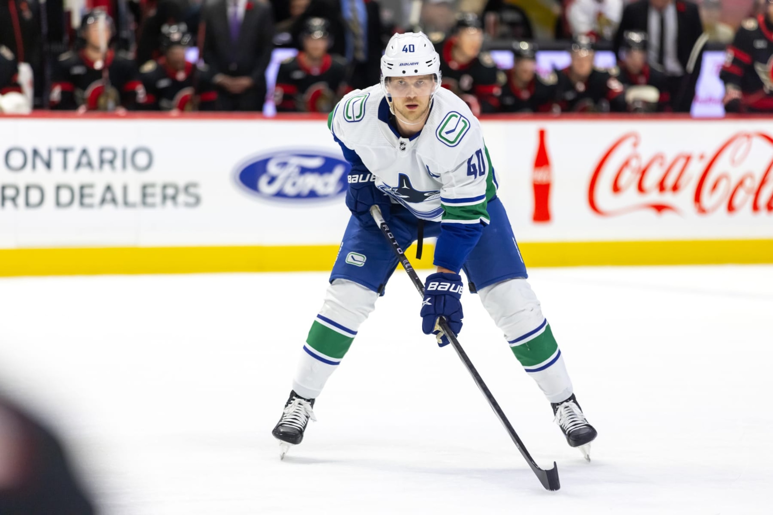 OTTAWA, ON - NOVEMBER 09: Vancouver Canucks Center Elias Pettersson (40) before a face-off during third period National Hockey League action between the Vancouver Canucks and Ottawa Senators on November 9, 2023, at Canadian Tire Centre in Ottawa, ON, Canada. (Photo by Richard A. Whittaker/Icon Sportswire via Getty Images)