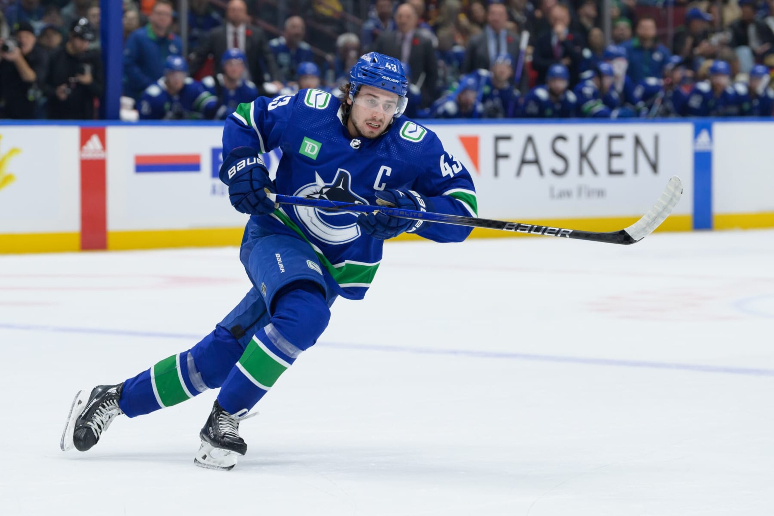 VANCOUVER, CANADA - NOVEMBER 4: Quinn Hughes #43 of the Vancouver Canucks skates up ice during the first period of their NHL game against the Dallas Stars at Rogers Arena on November 4, 2023 in Vancouver, British Columbia, Canada. (Photo by Derek Cain/Getty Images)
