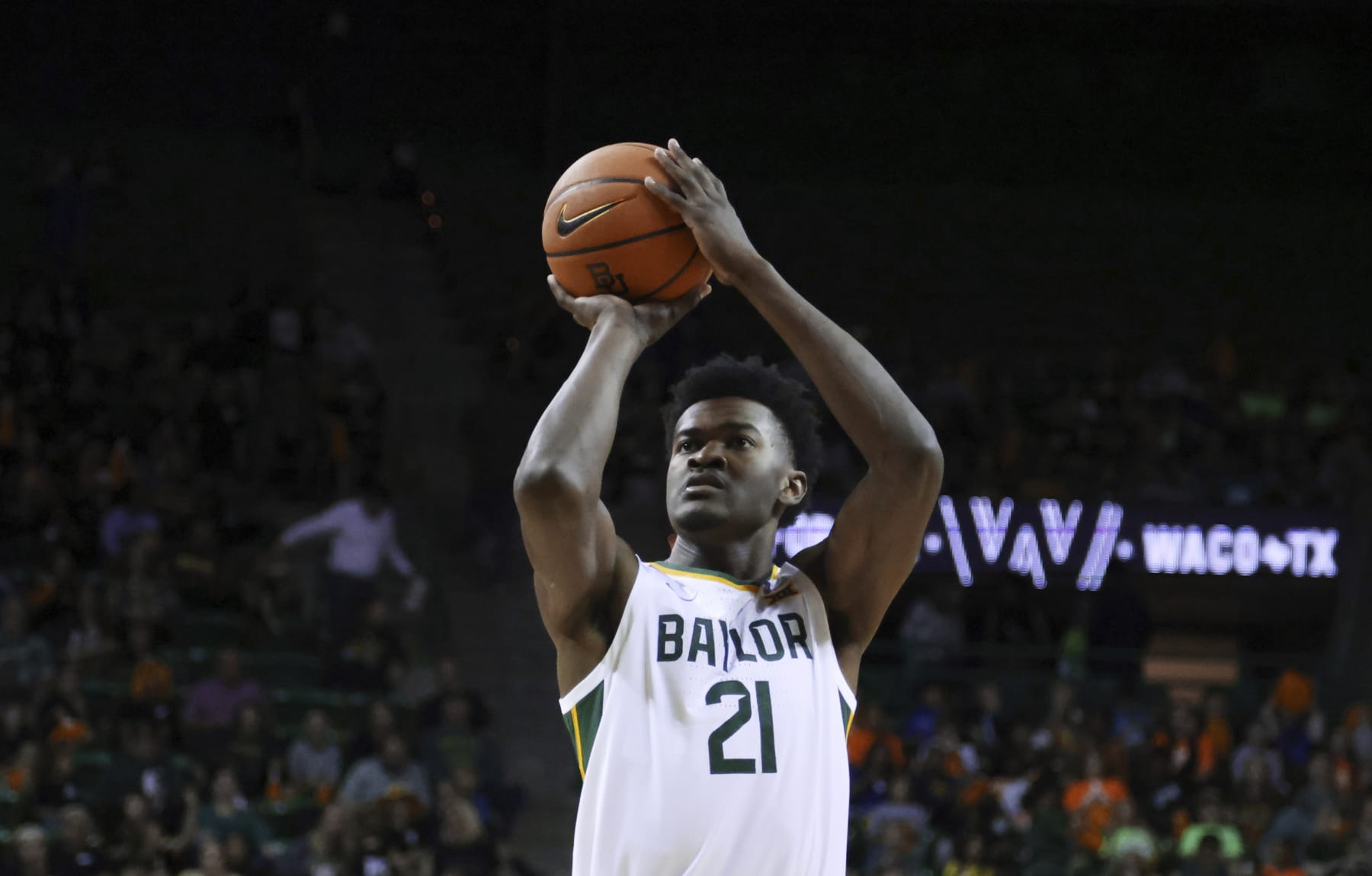 Baylor center Yves Missi shoots a free throw against John Brown in the second half of an NCAA college basketball game, Thursday, Nov. 9, 2023, in Waco, Texas. (AP Photo/Rod Aydelotte)