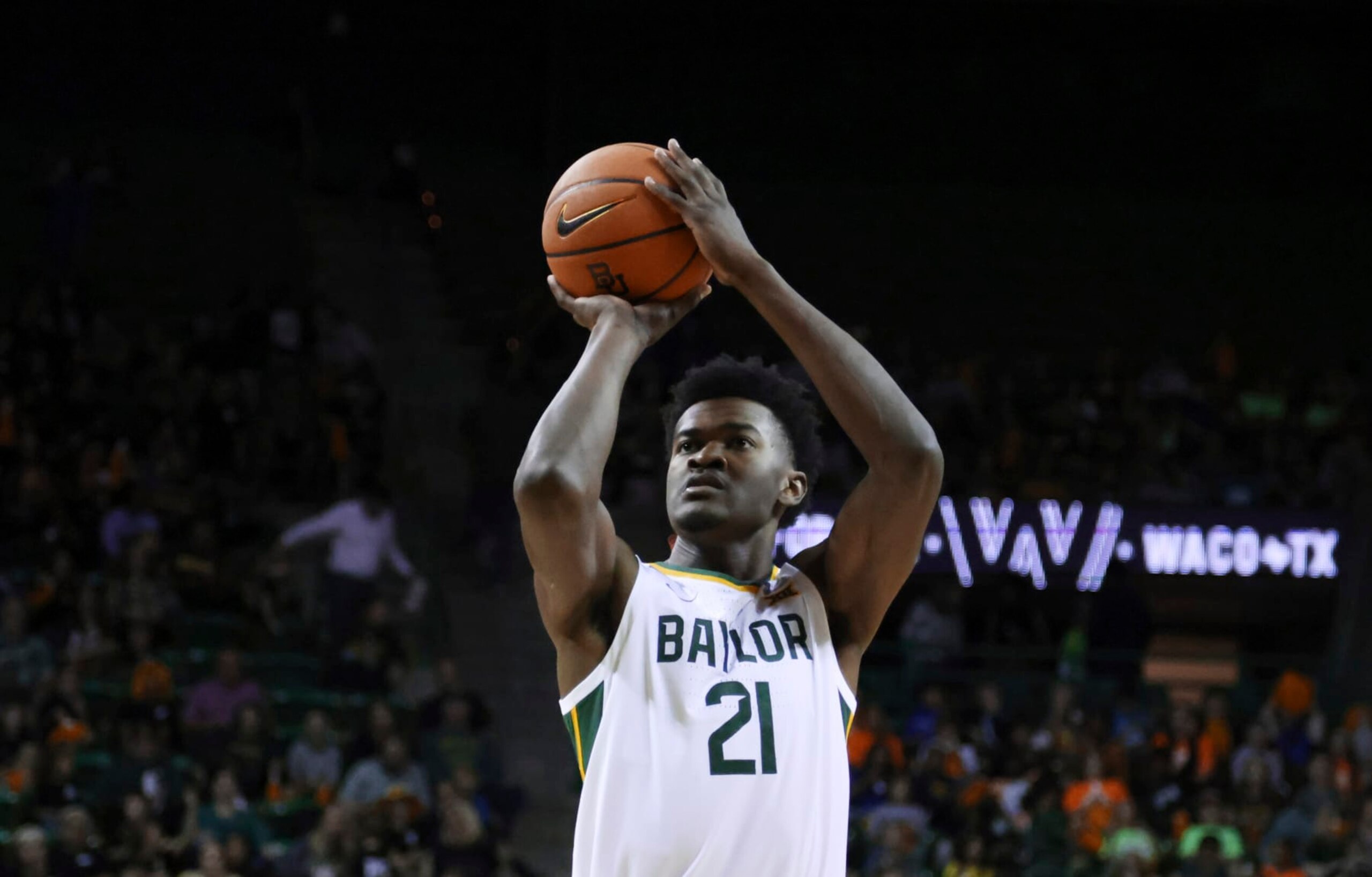 Baylor center Yves Missi shoots a free throw against John Brown in the second half of an NCAA college basketball game, Thursday, Nov. 9, 2023, in Waco, Texas. (AP Photo/Rod Aydelotte)