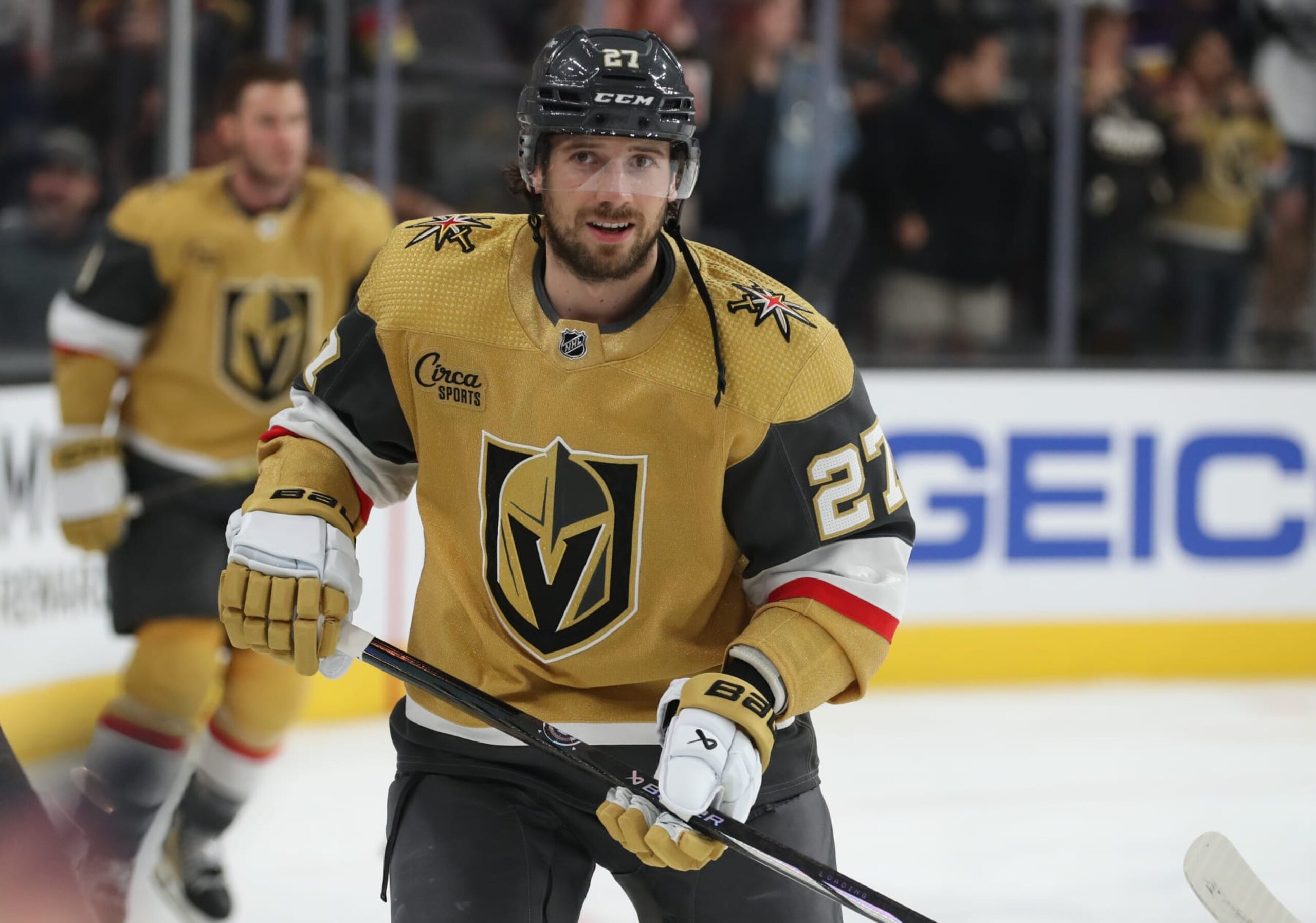 LAS VEGAS, NEVADA - NOVEMBER 08: Shea Theodore #27 of the Vegas Golden Knights warms up prior to a game against the Los Angeles Kings at T-Mobile Arena on November 08, 2023 in Las Vegas, Nevada. (Photo by Zak Krill/NHLI via Getty Images)