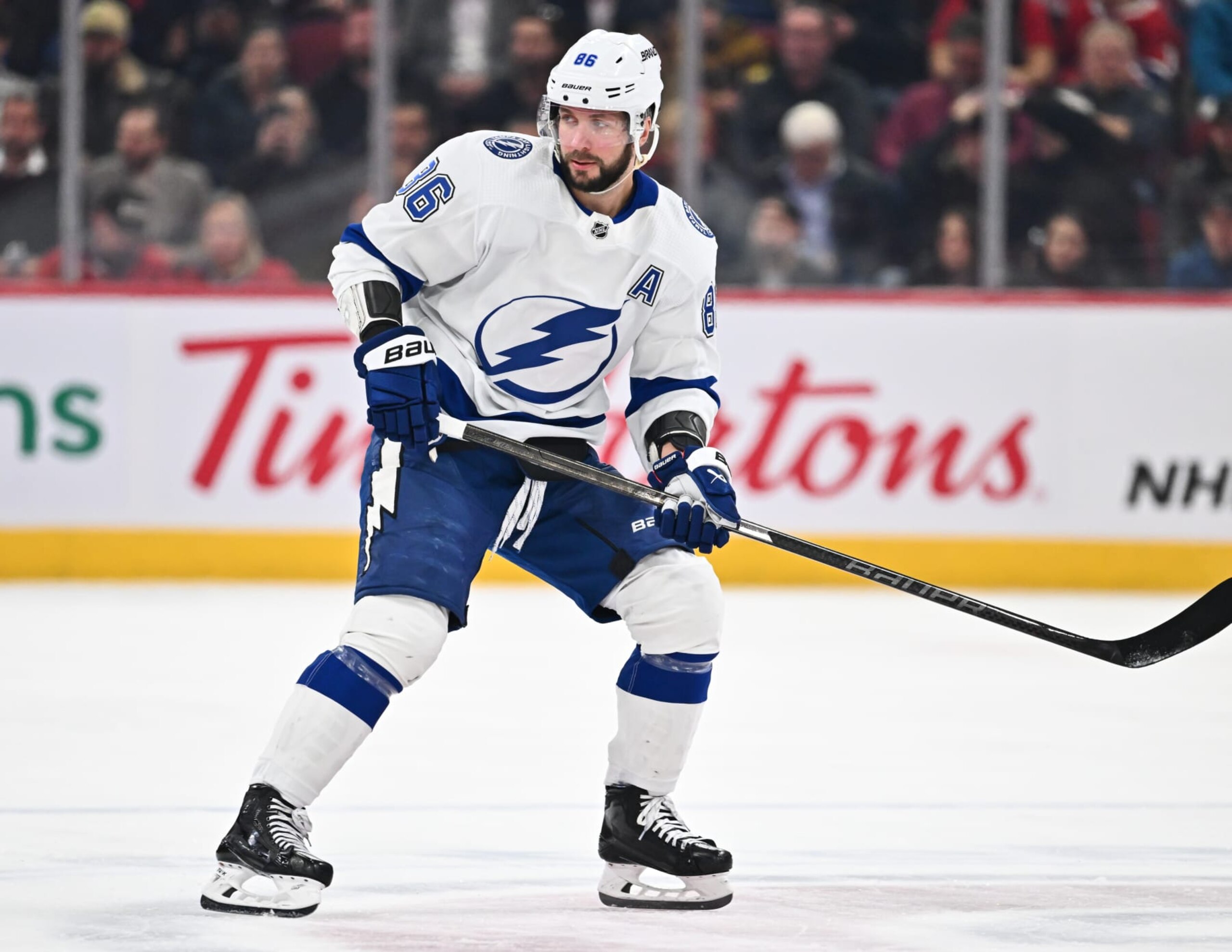 MONTREAL, CANADA - NOVEMBER 07: Nikita Kucherov #86 of the Tampa Bay Lightning skates during the first period against the Montreal Canadiens at the Bell Centre on November 7, 2023 in Montreal, Quebec, Canada.  The Tampa Bay Lightning defeated the Montreal Canadiens 5-3.  (Photo by Minas Panagiotakis/Getty Images)