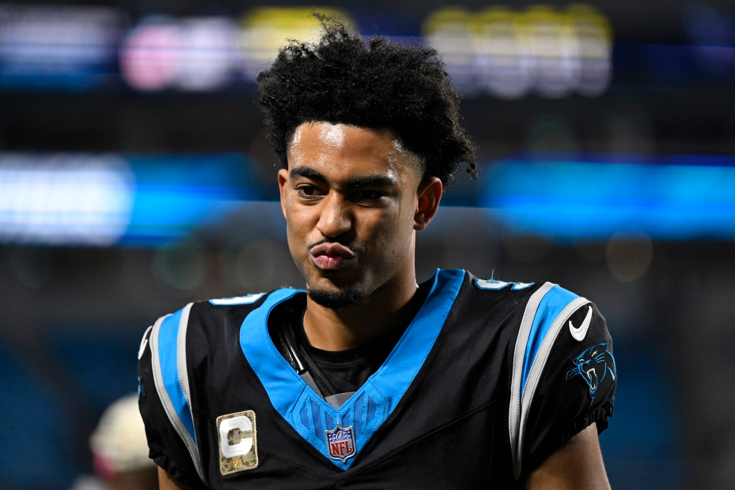 CHARLOTTE, NORTH CAROLINA - NOVEMBER 05: Bryce Young #9 of the Carolina Panthers walks off the field following their loss to the Indianapolis Colts at Bank of America Stadium on November 05, 2023 in Charlotte, North Carolina. (Photo by Eakin Howard/Getty Images)