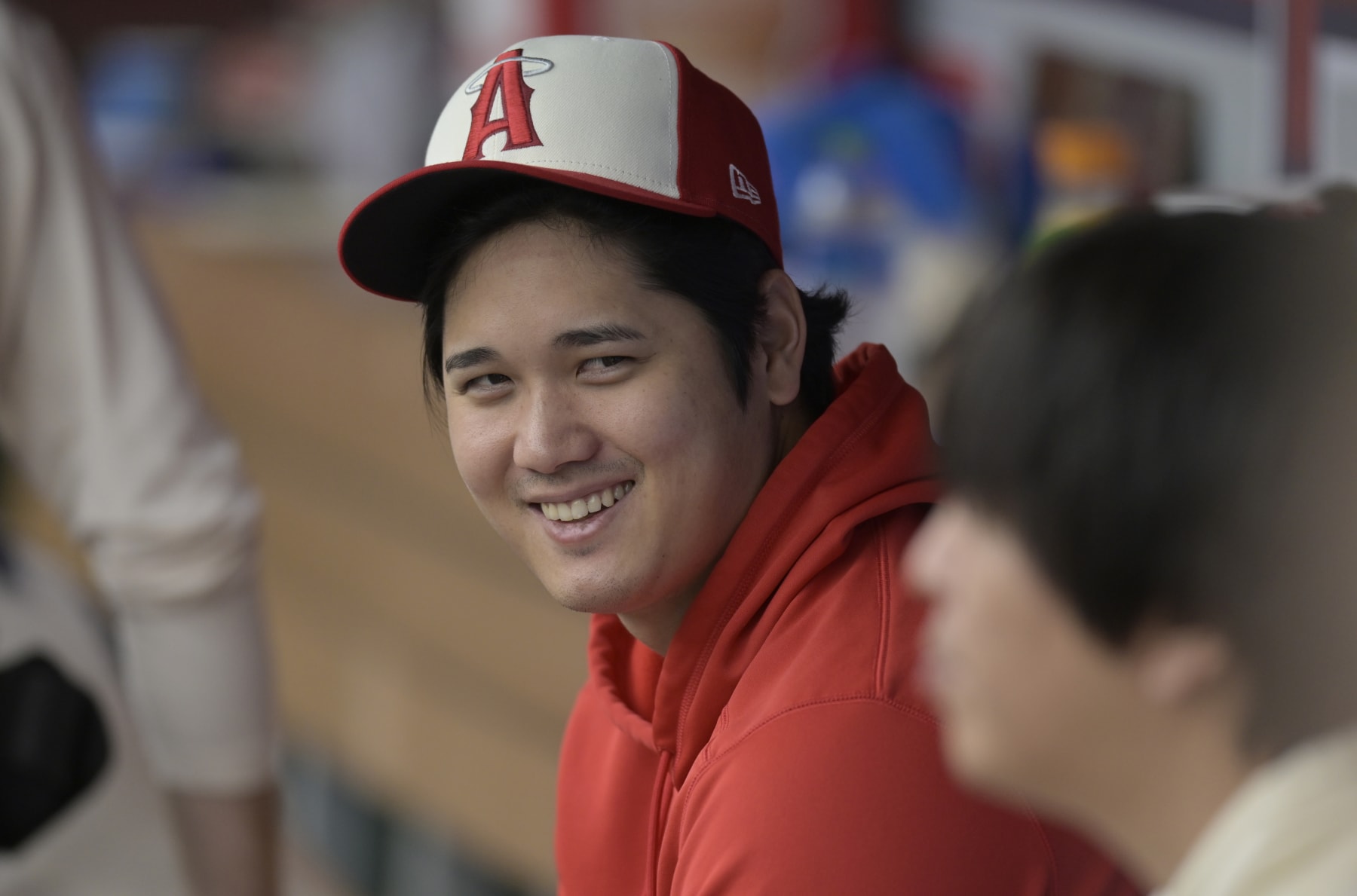 ANAHEIM, CALIFORNIA - SEPTEMBER 17: Shohei Ohtani #17 of the Los Angeles Angels in the dugout while playing the Detroit Tigers  at Angel Stadium of Anaheim on September 17, 2023 in Anaheim, California. (Photo by John McCoy/Getty Images)