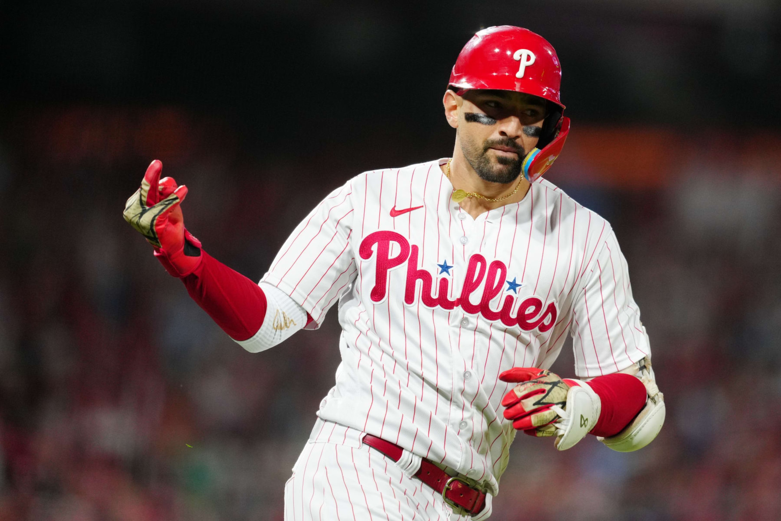 PHILADELPHIA, PA - OCTOBER 16:  Nick Castellanos #8 of the Philadelphia Phillies rounds the bases after hitting a solo home run in the second inning during Game 1 of the NLCS between the Arizona Diamondbacks and the Philadelphia Phillies at Citizens Bank Park on Monday, October 16, 2023 in Philadelphia, Pennsylvania. (Photo by Mary DeCicco/MLB Photos via Getty Images)