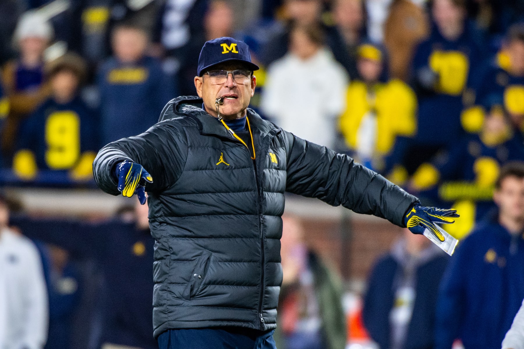 ANN ARBOR, MICHIGAN - NOVEMBER 04: Head Football Coach Jim Harbaugh of the Michigan Wolverines is seen on the field before a college football game against the Purdue Boilermakers at Michigan Stadium on November 04, 2023 in Ann Arbor, Michigan. (Photo by Aaron J. Thornton/Getty Images)