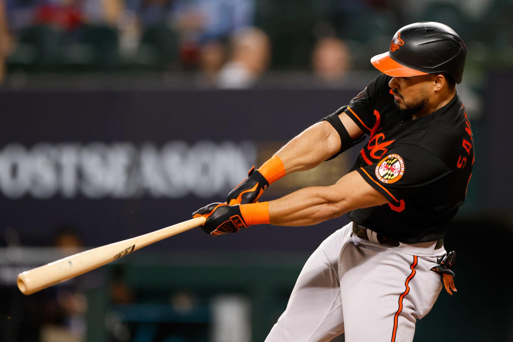 ARLINGTON, TX - OCTOBER 10:   Anthony Santander #25 of the Baltimore Orioles hits a single in the first inning during Game 3 of the Division Series between the Baltimore Orioles and the Texas Rangers at Globe Life Field on Tuesday, October 10, 2023 in Arlington, Texas. (Photo by Ron Jenkins/MLB Photos via Getty Images)