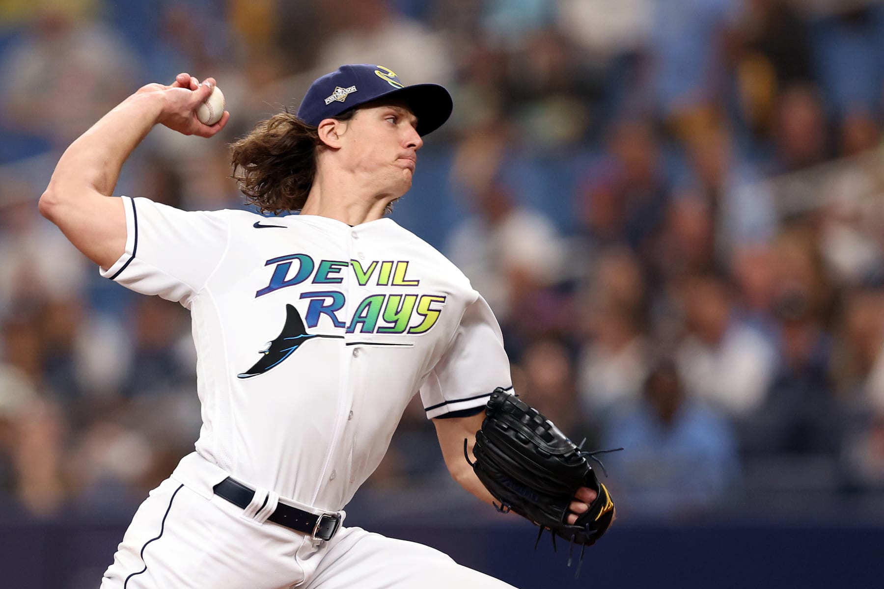ST PETERSBURG, FLORIDA - OCTOBER 03: Tyler Glasnow #20 of the Tampa Bay Rays pitches in the first inning against the Texas Rangers during Game One of the Wild Card Series at Tropicana Field on October 03, 2023 in St Petersburg, Florida. (Photo by Megan Briggs/Getty Images)