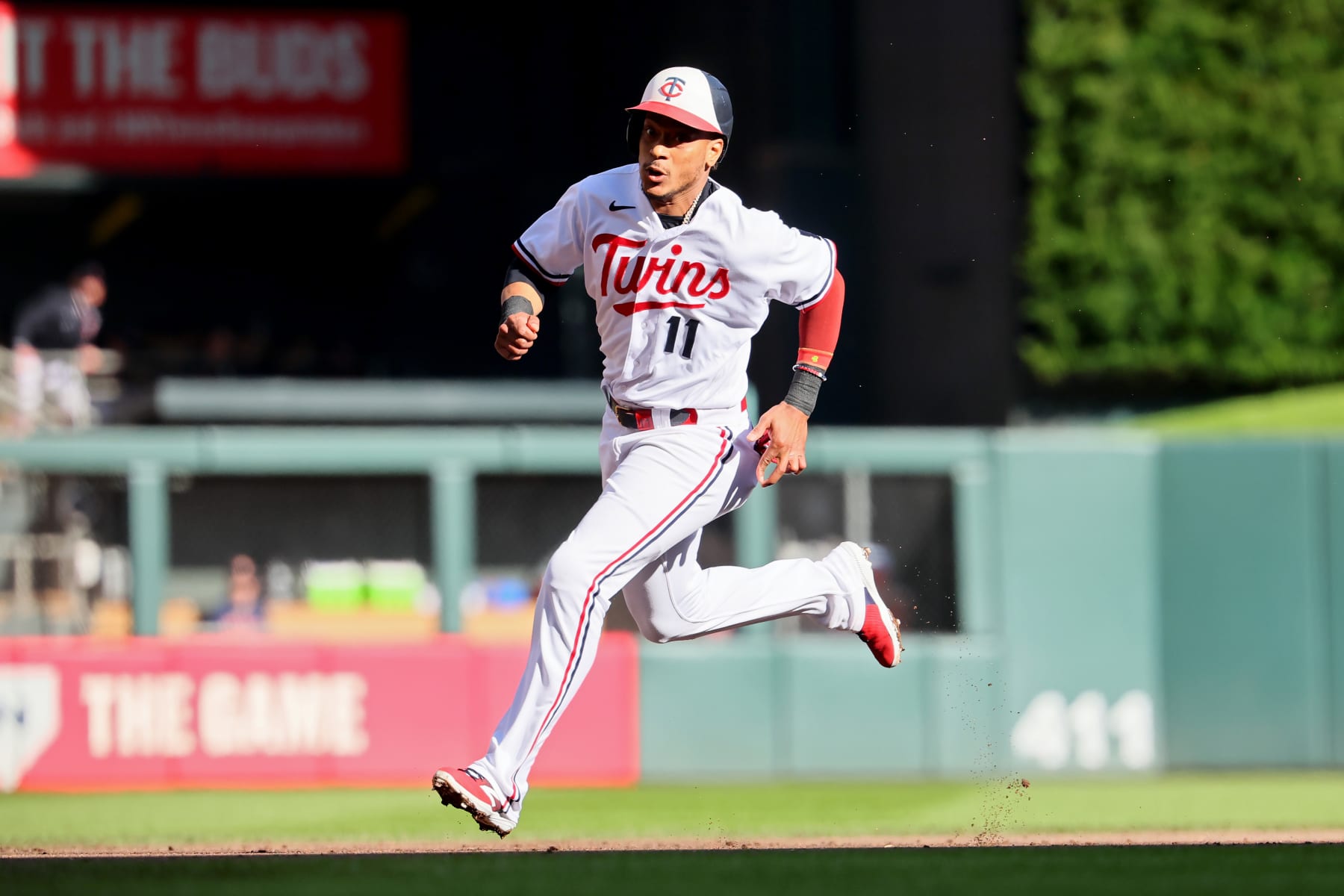 MINNEAPOLIS, MINNESOTA - OCTOBER 10: Jorge Polanco #11 of the Minnesota Twins runs to third base in the first inning against the Houston Astros during Game Three of the Division Series at Target Field on October 10, 2023 in Minneapolis, Minnesota. (Photo by Adam Bettcher/Getty Images)