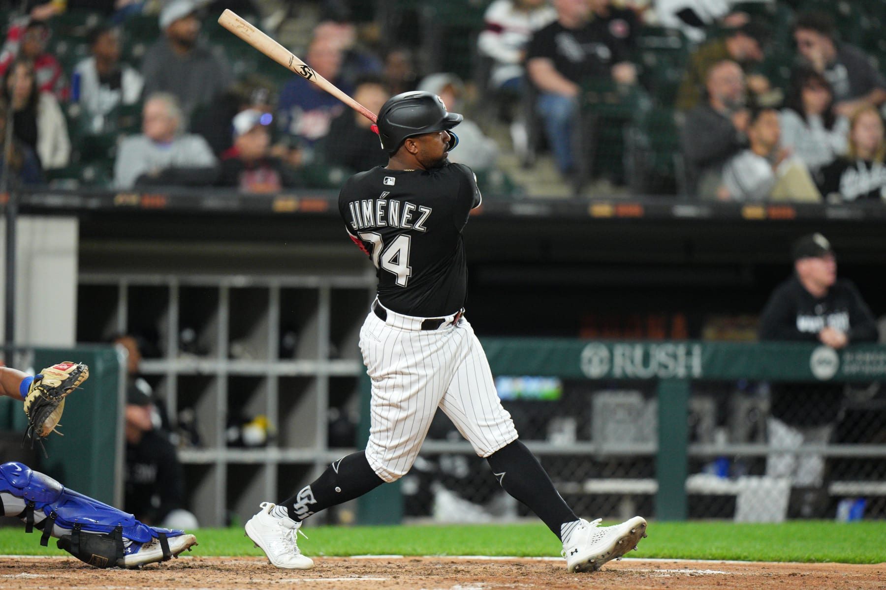 CHICAGO, IL - SEPTEMBER 12: Eloy Jiménez #74 of the Chicago White Sox hits a home run during the fifth inning of the game between the Kansas City Royals and the Chicago White Sox at Guaranteed Rate Field on Tuesday, September 12, 2023 in Chicago, Illinois. (Photo by Matt Dirksen/MLB Photos via Getty Images)