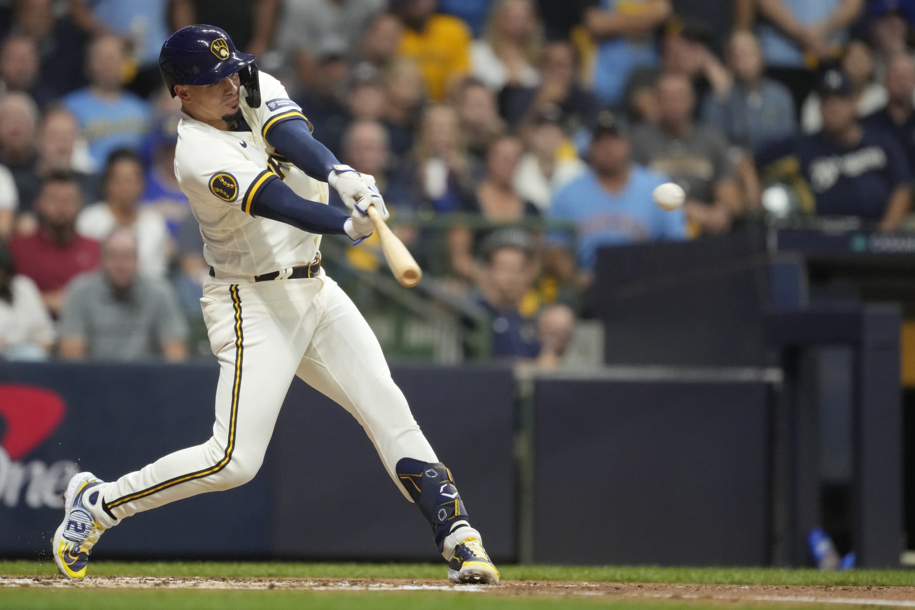 MILWAUKEE, WISCONSIN - OCTOBER 04: Willy Adames #27 of the Milwaukee Brewers singles during the first inning against the Arizona Diamondbacks during Game Two of the Wild Card Series at American Family Field on October 04, 2023 in Milwaukee, Wisconsin. (Photo by Patrick McDermott/Getty Images)