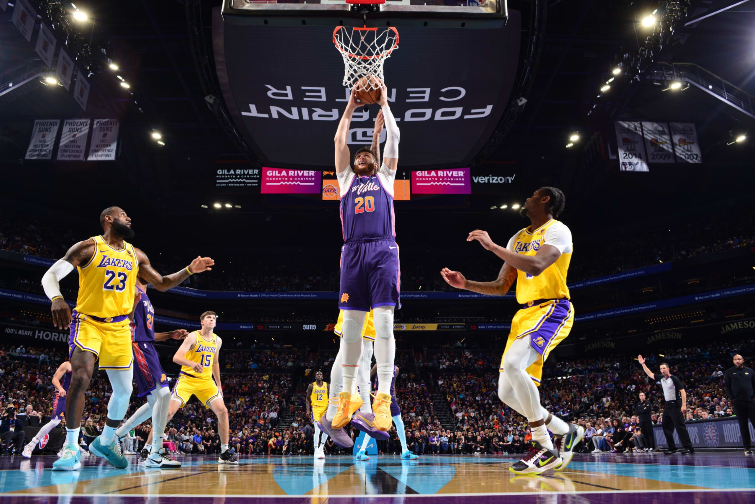 PHOENIX, AZ - NOVEMBER 10: Jusuf Nurkic #20 of the Phoenix Suns drives to the basket during the game against the Los Angeles Lakers during the In-Season Tournament on November 10, 2023 at Footprint Center in Phoenix, Arizona. NOTE TO USER: User expressly acknowledges and agrees that, by downloading and or using this photograph, user is consenting to the terms and conditions of the Getty Images License Agreement. Mandatory Copyright Notice: Copyright 2023 NBAE (Photo by Barry Gossage/NBAE via Getty Images) PHOENIX, AZ - NOVEMBER 10: Jusuf Nurkic #20 of the Phoenix Suns drives to the basket during the game against the Los Angeles Lakers during the In-Season Tournament on November 10, 2023 at Footprint Center in Phoenix, Arizona. NOTE TO USER: User expressly acknowledges and agrees that, by downloading and or using this photograph, user is consenting to the terms and conditions of the Getty Images License Agreement. Mandatory Copyright Notice: Copyright 2023 NBAE (Photo by Barry Gossage/NBAE via Getty Images)