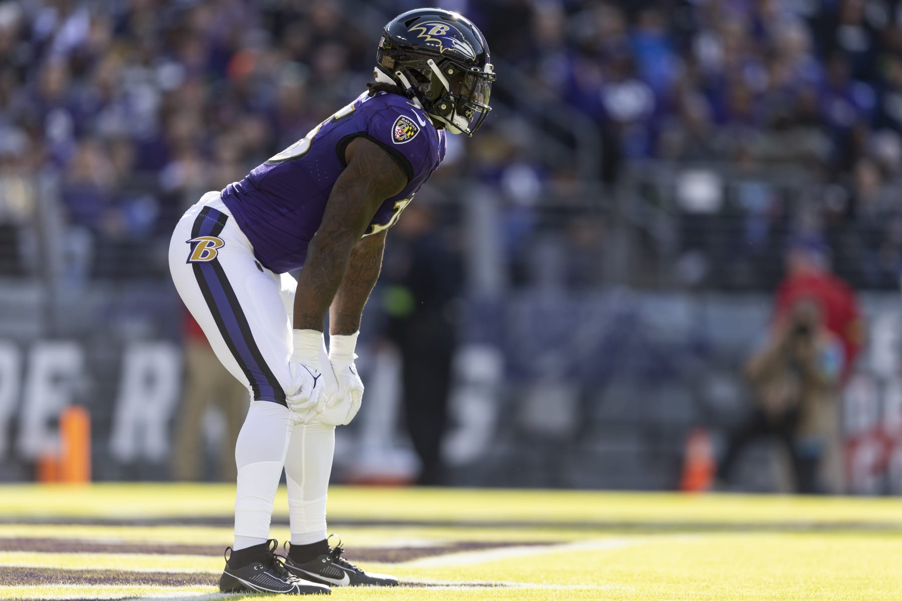 BALTIMORE, MARYLAND - NOVEMBER 05: Gus Edwards #35 of the Baltimore Ravens lines up during an NFL football game between the Baltimore Ravens and the Seattle Seahawks at M&T Bank Stadium on November 05, 2023 in Baltimore, Maryland. (Photo by Michael Owens/Getty Images)