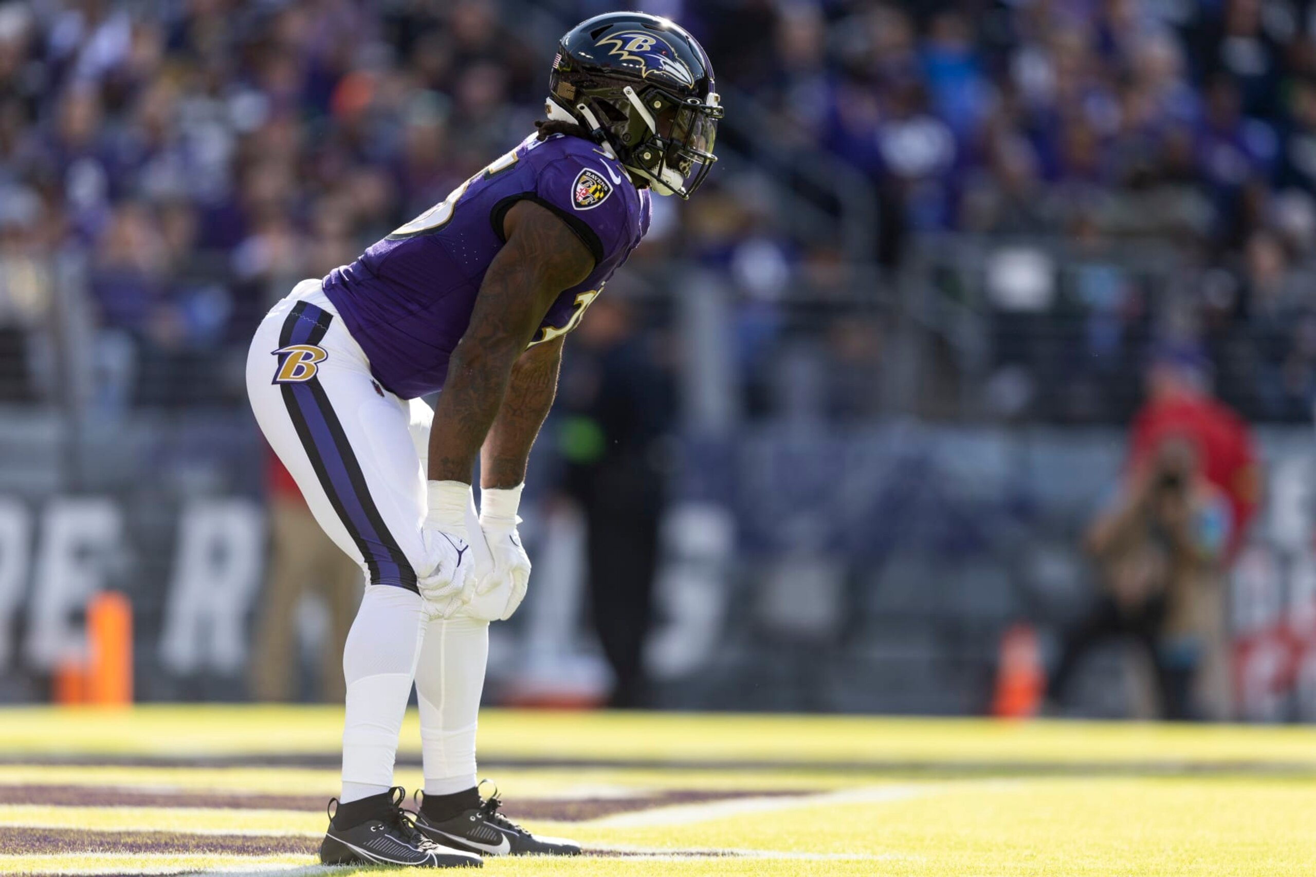 BALTIMORE, MARYLAND - NOVEMBER 05: Gus Edwards #35 of the Baltimore Ravens lines up during an NFL football game between the Baltimore Ravens and the Seattle Seahawks at M&T Bank Stadium on November 05, 2023 in Baltimore, Maryland. (Photo by Michael Owens/Getty Images)