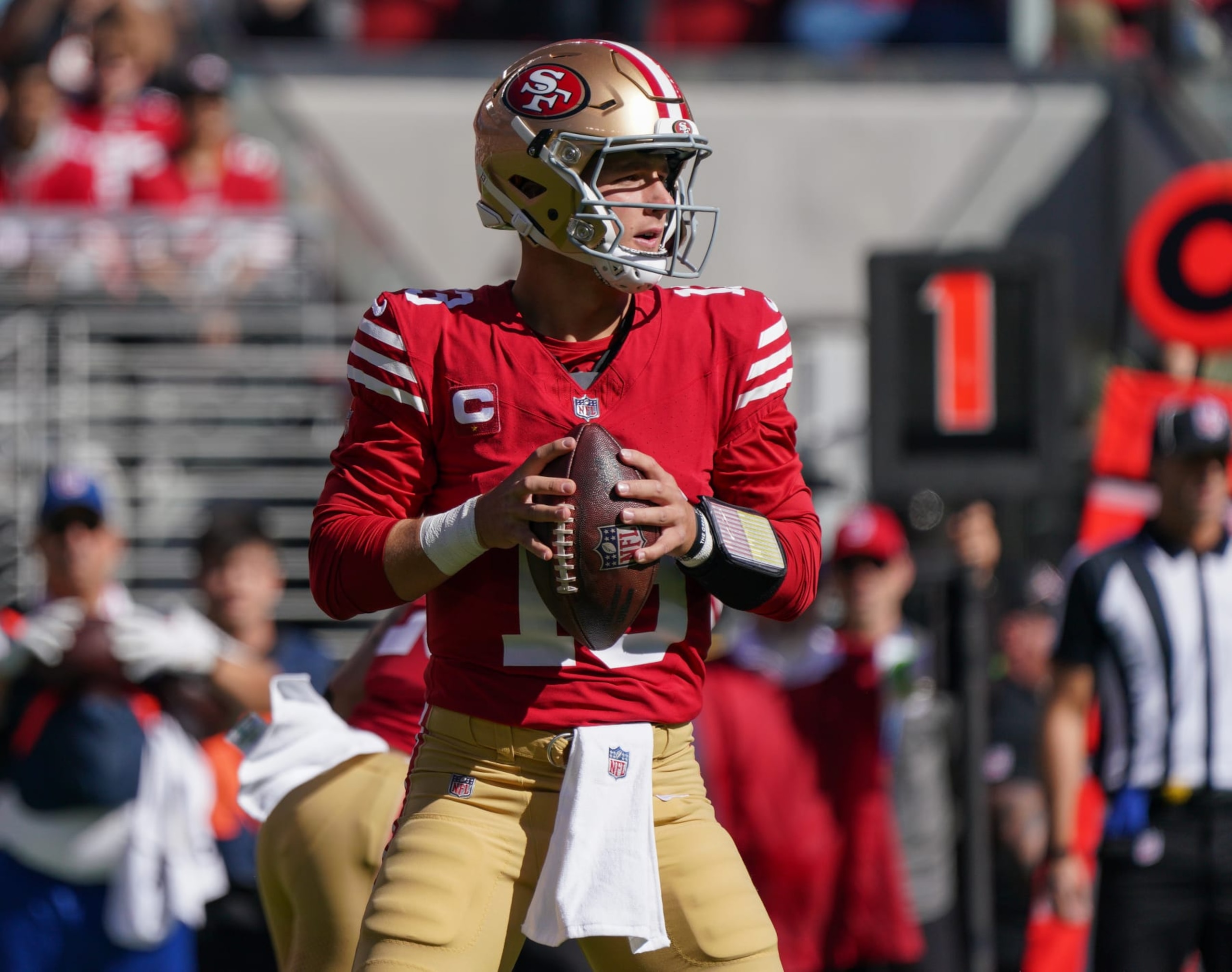 SANTA CLARA, CALIFORNIA - OCTOBER 29: Brock Purdy #13 of the San Francisco 49ers looks to pass during the first half of an NFL football game against the Cincinnati Bengals at Levi's Stadium on October 29, 2023 in Santa Clara, California. (Photo by Loren Elliott/Getty Images)
