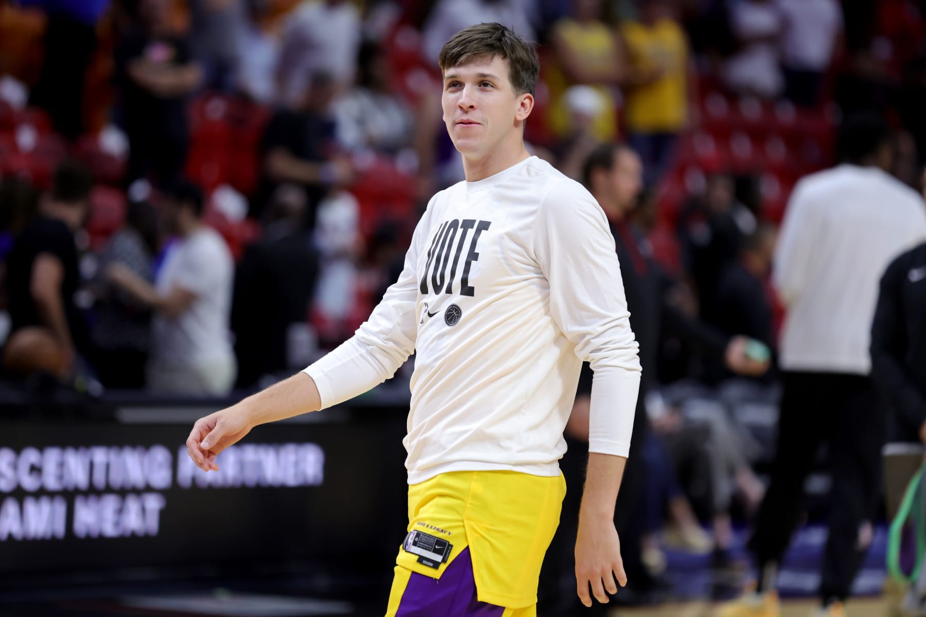 MIAMI, FLORIDA - NOVEMBER 06: Austin Reaves #15 of the Los Angeles Lakers warms up prior to a game against the Miami Heat at Kaseya Center on November 06, 2023 in Miami, Florida. NOTE TO USER: User expressly acknowledges and agrees that, by downloading and or using this photograph, User is consenting to the terms and conditions of the Getty Images License Agreement. (Photo by Megan Briggs/Getty Images)