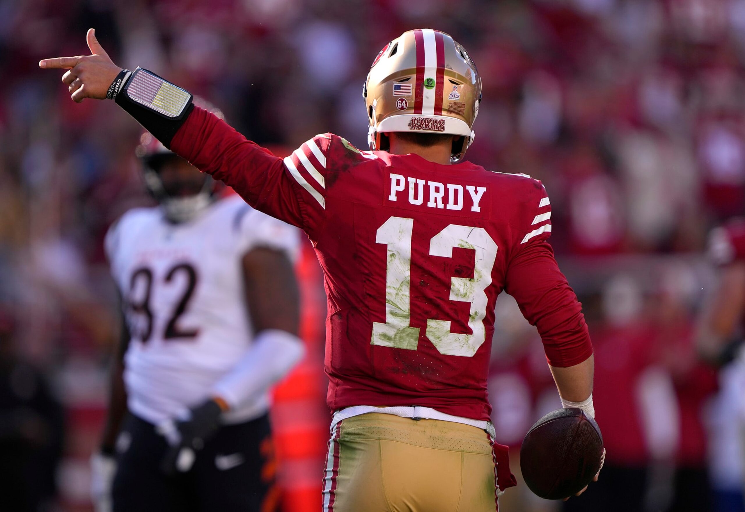 SANTA CLARA, CALIFORNIA - OCTOBER 29: Brock Purdy #13 of the San Francisco 49ers reacts after scrambling with the ball for a first down against the Cincinnati Bengals during the third quarter of an NFL football game at Levi's Stadium on October 29, 2023 in Santa Clara, California. (Photo by Thearon W. Henderson/Getty Images)