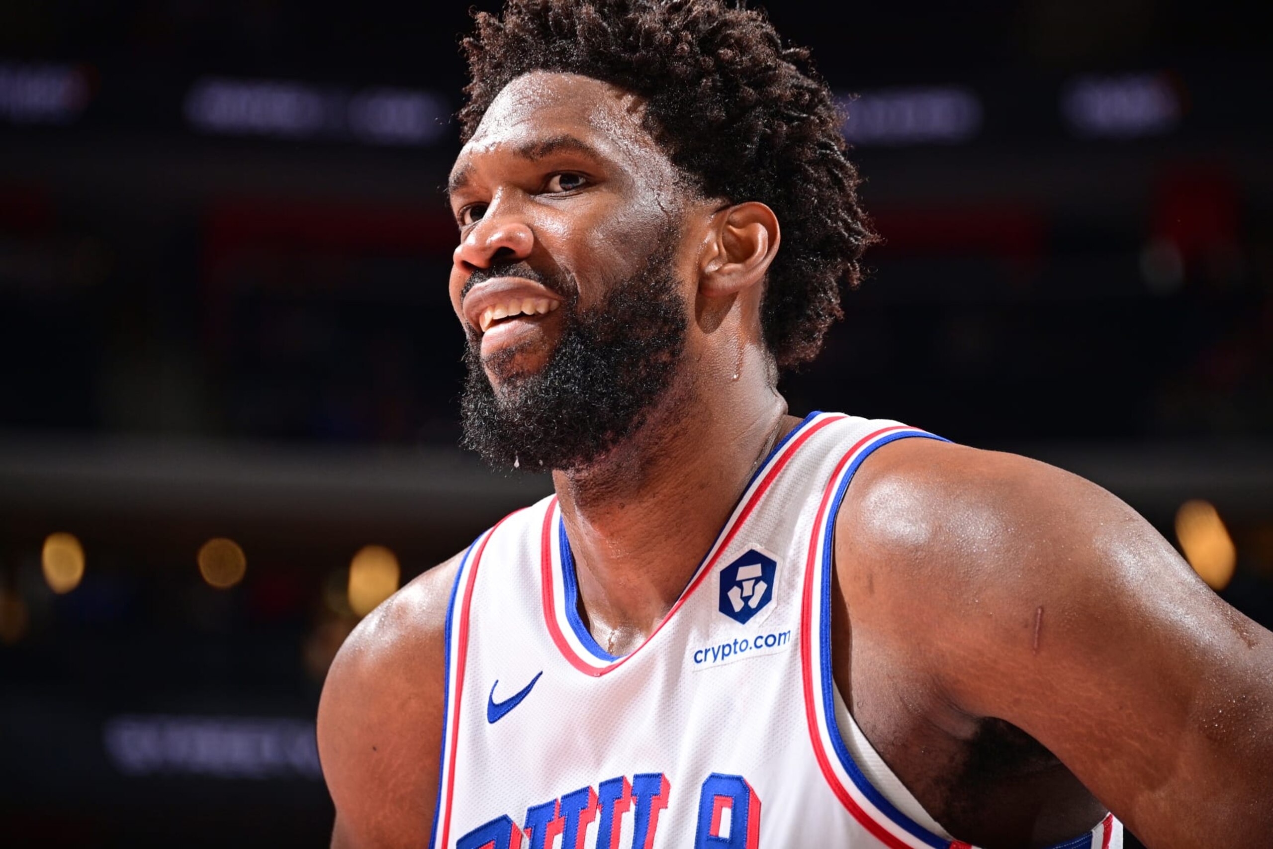 DETROIT, MI - NOVEMBER 10: Joel Embiid #21 of the Philadelphia 76ers looks on during the game against the Detroit Pistons during the In-Season Tournament on November 10, 2023 at Little Caesars Arena in Detroit, Michigan. NOTE TO USER: User expressly acknowledges and agrees that, by downloading and/or using this photograph, User is consenting to the terms and conditions of the Getty Images License Agreement. Mandatory Copyright Notice: Copyright 2023 NBAE (Photo by Chris Schwegler/NBAE via Getty Images)