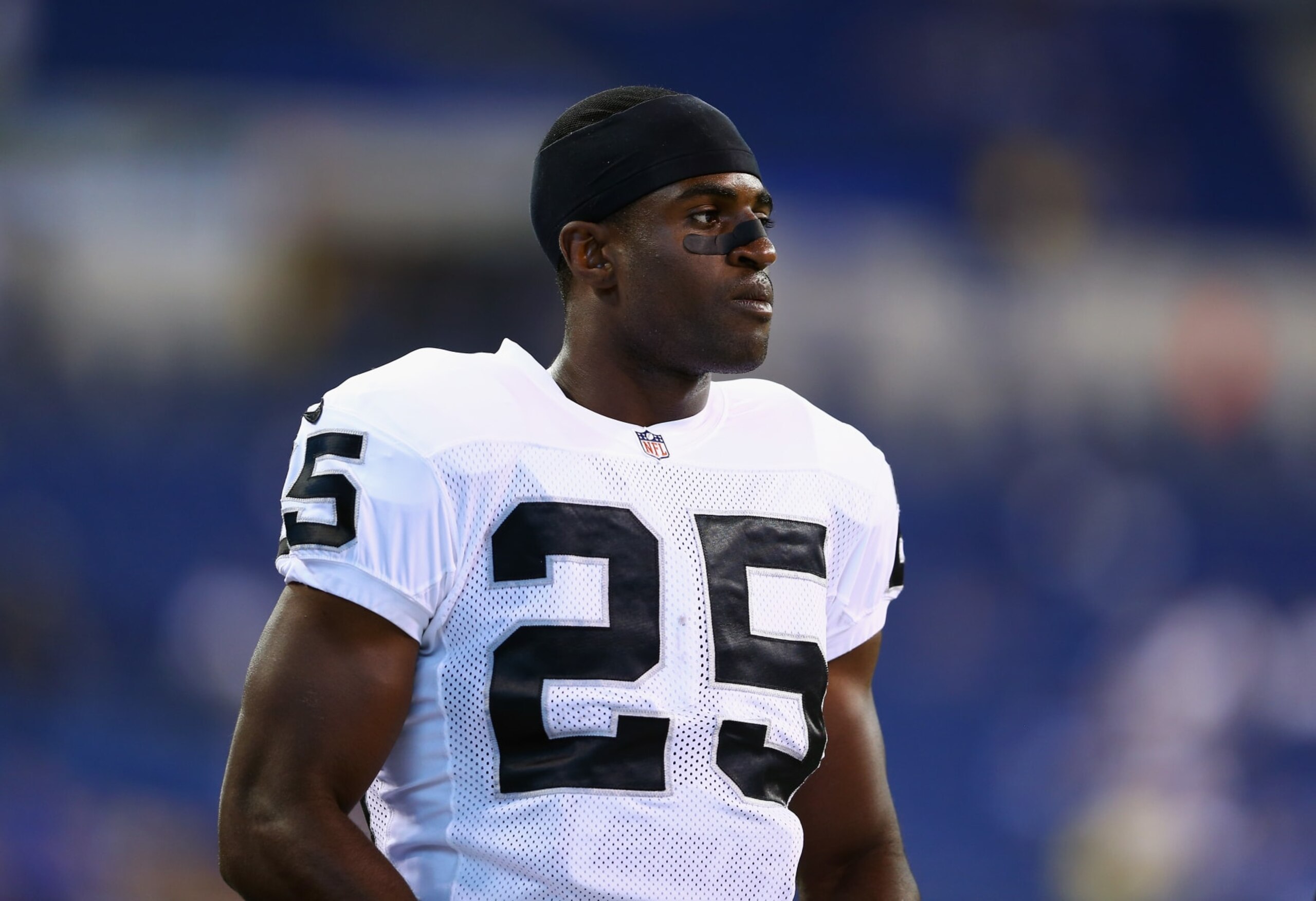 INDIANAPOLIS, IN - SEPTEMBER 08:  D J Hayden #25 of the Oakland Raiders warms up before the NFL game against the Indianapolis Colts at Lucas Oil Stadium on September 8, 2013 in Indianapolis, Indiana.  (Photo by Andy Lyons/Getty Images)