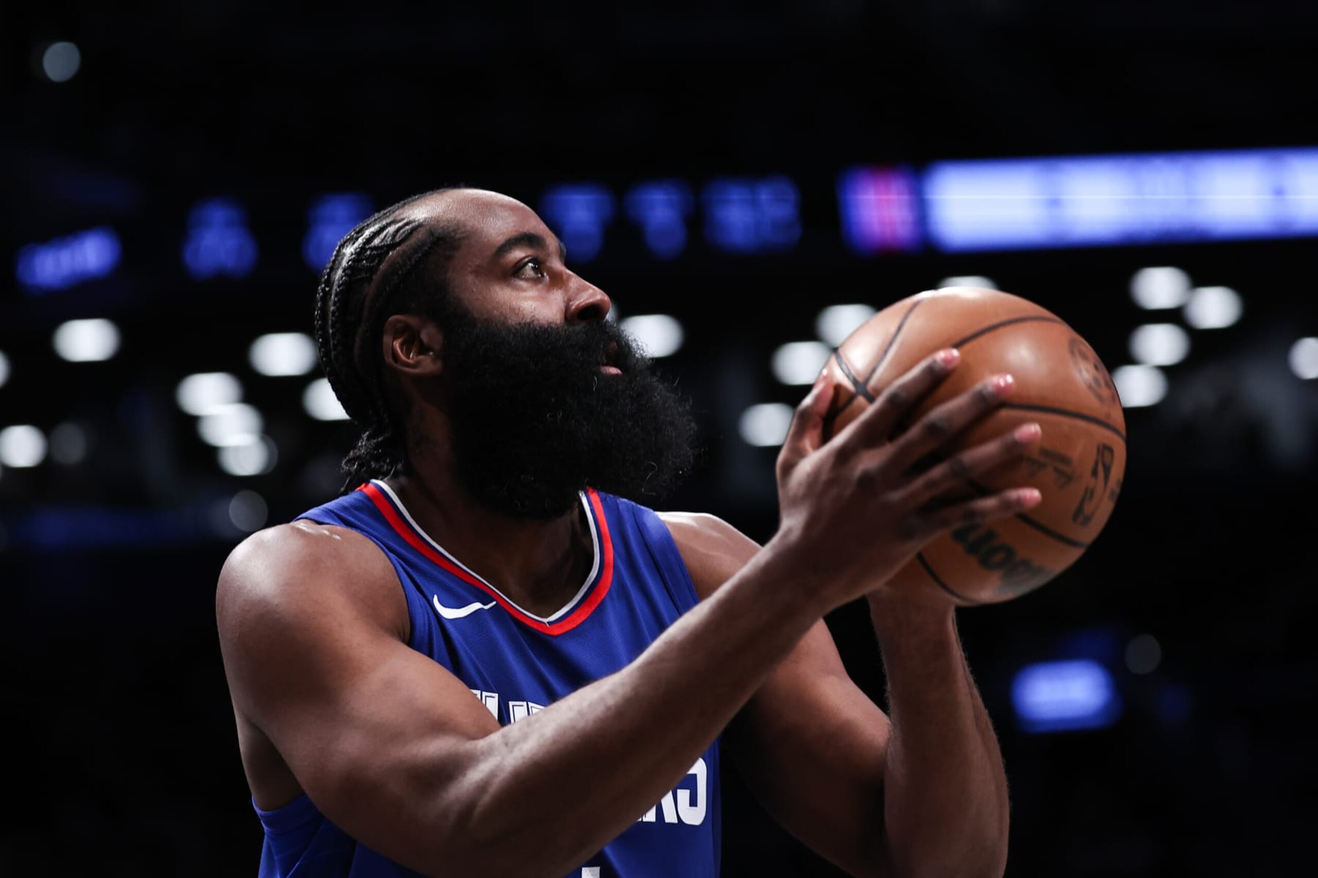 NEW YORK, NEW YORK - NOVEMBER 08: James Harden #1 of the Los Angeles Clippers looks to shoot the ball during the first quarter of the game against the Brooklyn Nets at Barclays Center on November 08, 2023 in the Brooklyn borough of New York City. NOTE TO USER: User expressly acknowledges and agrees that, by downloading and or using this photograph, User is consenting to the terms and conditions of the Getty Images License Agreement. (Photo by Dustin Satloff/Getty Images)