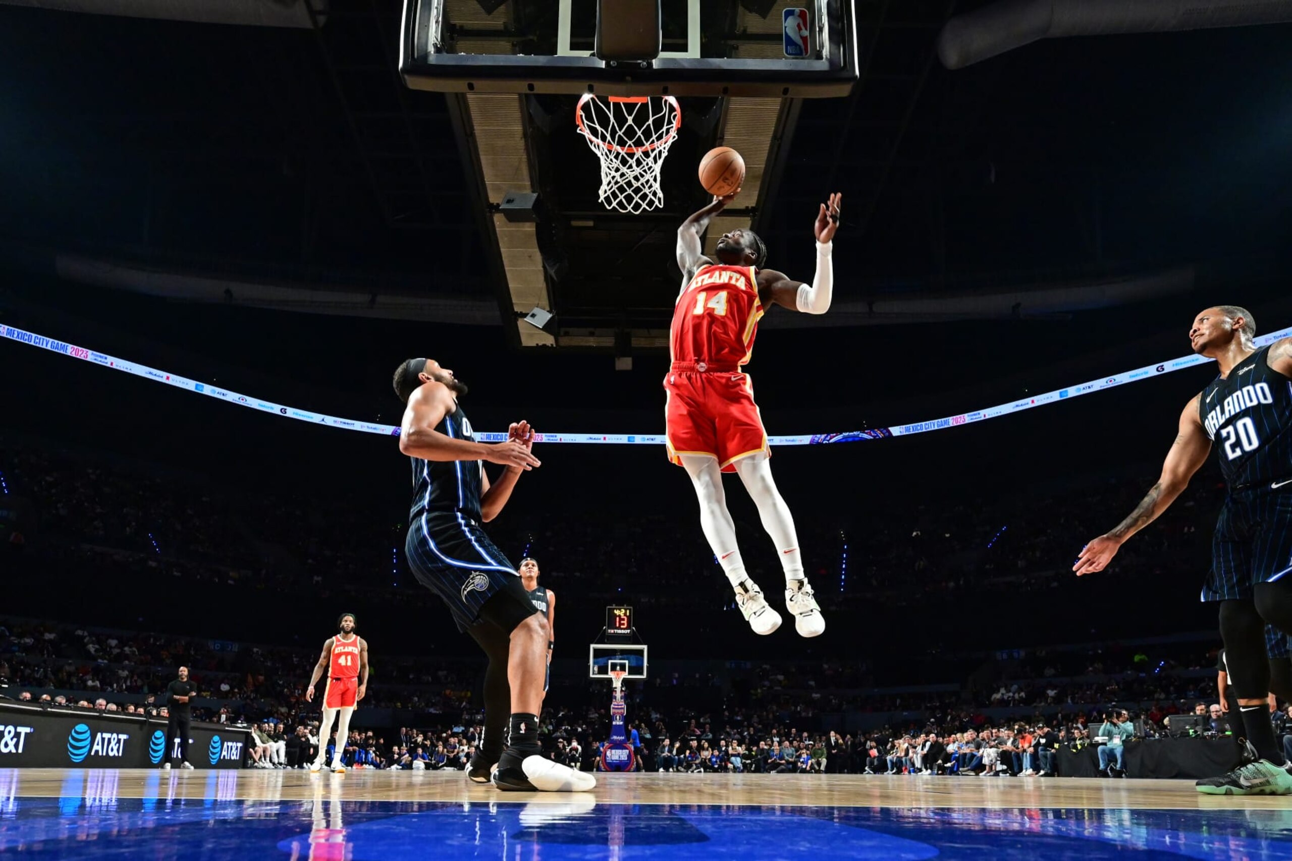 MEXICO CITY, MX - NOVEMBER 9: AJ Griffin #14 of the Atlanta Hawks dunks the ball against the Orlando Magic as part of 2023 NBA Mexico Games on November 9, 2023 at Arena Ciudad de Mexico in Mexico City, Mexico. NOTE TO USER: User expressly acknowledges and agrees that, by downloading and or using this photograph, User is consenting to the terms and conditions of the Getty Images License Agreement. Mandatory Copyright Notice: Copyright 2023 NBAE (Photo by Adam Hagy/NBAE via Getty Images) MEXICO CITY, MX - NOVEMBER 9: AJ Griffin #14 of the Atlanta Hawks dunks the ball against the Orlando Magic as part of 2023 NBA Mexico Games on November 9, 2023 at Arena Ciudad de Mexico in Mexico City, Mexico. NOTE TO USER: User expressly acknowledges and agrees that, by downloading and or using this photograph, User is consenting to the terms and conditions of the Getty Images License Agreement. Mandatory Copyright Notice: Copyright 2023 NBAE (Photo by Adam Hagy/NBAE via Getty Images)