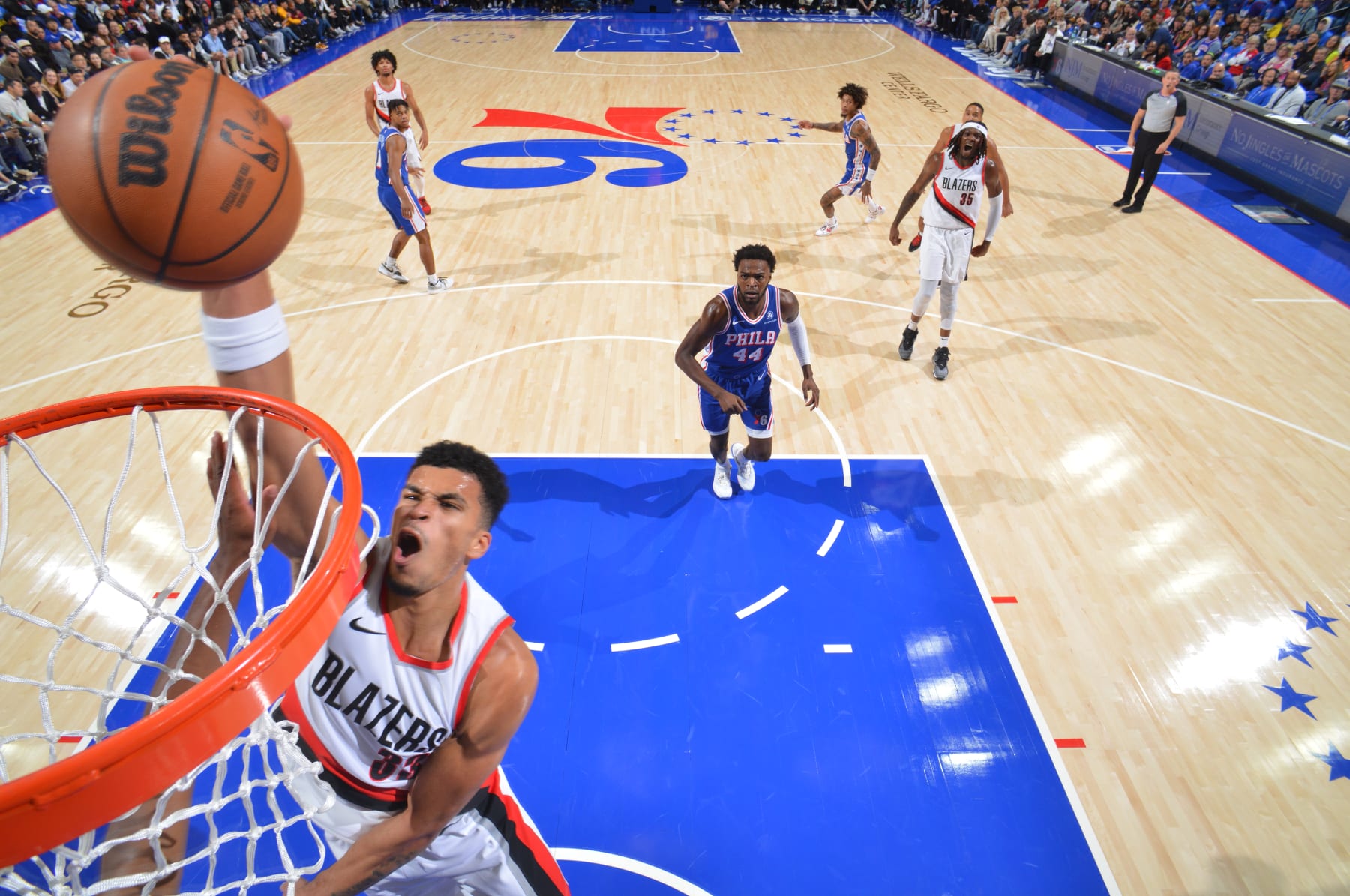 PHILADELPHIA, PA - OCTOBER 29: Toumani Camara #33 of the Portland Trail Blazers dunks the ball during the game against the Philadelphia 76ers on October 29, 2023 at the Wells Fargo Center in Philadelphia, Pennsylvania NOTE TO USER: User expressly acknowledges and agrees that, by downloading and/or using this Photograph, user is consenting to the terms and conditions of the Getty Images License Agreement. Mandatory Copyright Notice: Copyright 2023 NBAE (Photo by Jesse D. Garrabrant/NBAE via Getty Images)