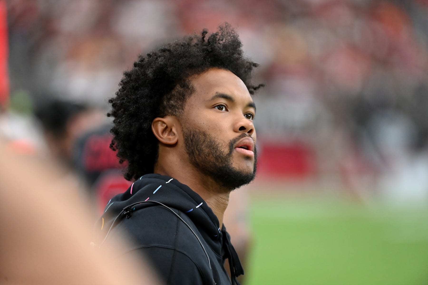 GLENDALE, ARIZONA - OCTOBER 08: Kyler Murray #1 of the Arizona Cardinals looks on from the sidelines against the Cincinnati Bengals at State Farm Stadium on October 08, 2023 in Glendale, Arizona. (Photo by Norm Hall/Getty Images)