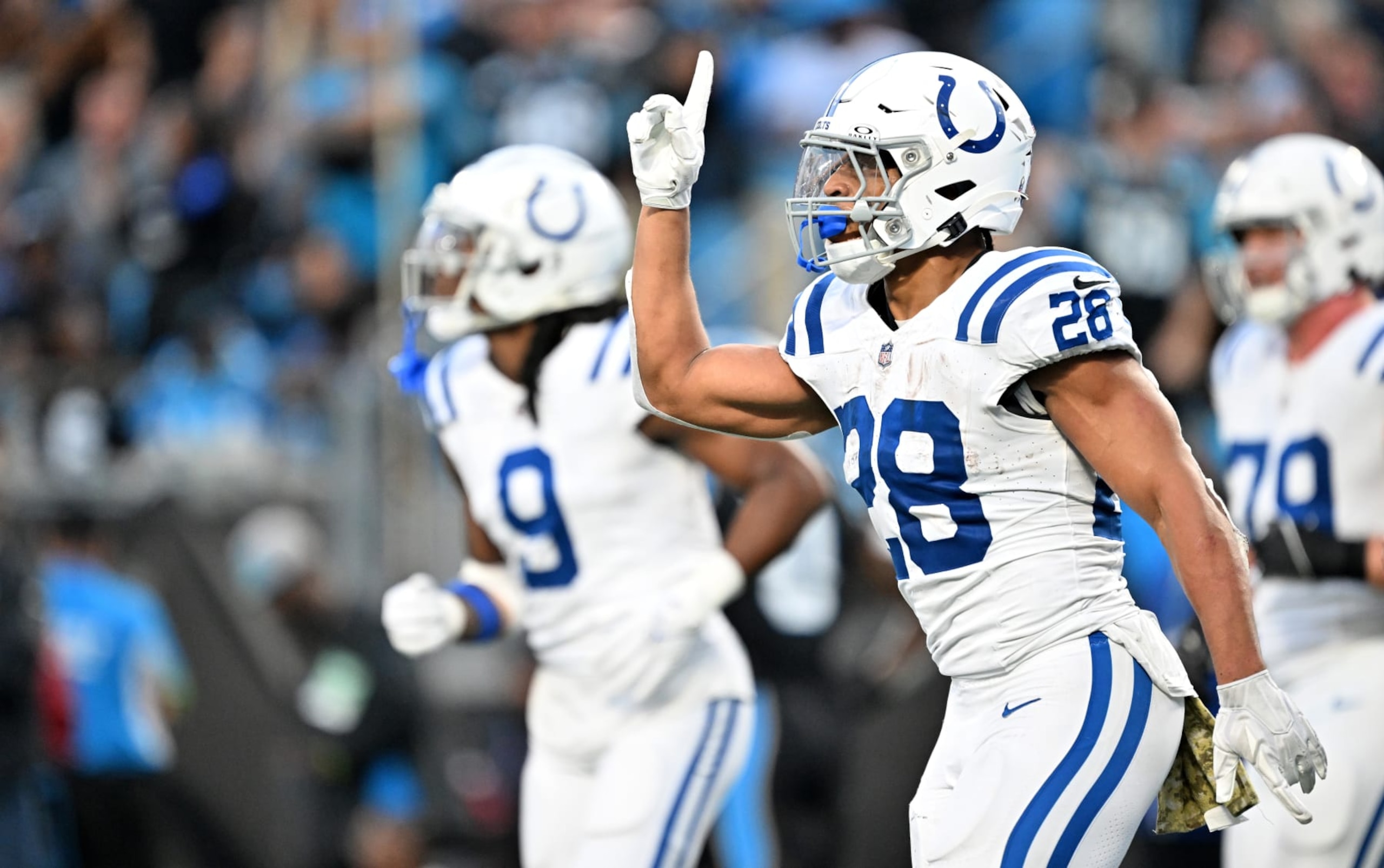 CHARLOTTE, NORTH CAROLINA - NOVEMBER 05: Jonathan Taylor #28 of the Indianapolis Colts celebrates after scoring a touchdown during the second quarter of the game against the Carolina Panthers at Bank of America Stadium on November 05, 2023 in Charlotte, North Carolina. (Photo by Grant Halverson/Getty Images)
