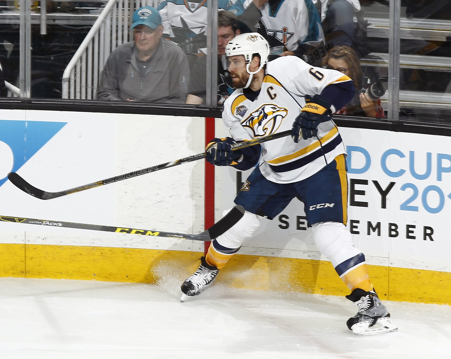 SAN JOSE, CA - MAY 1: Shea Weber #6 of the Nashville Predators shoots up the ice out of the zone against the San Jose Sharks in game two of the Western Conference Second Round during the 2016 NHL Stanley Cup Playoffs at the SAP Center at San Jose on May 1, 2016 in San Jose, California. (Photo by Nick Lust/NHLI via Getty Images)