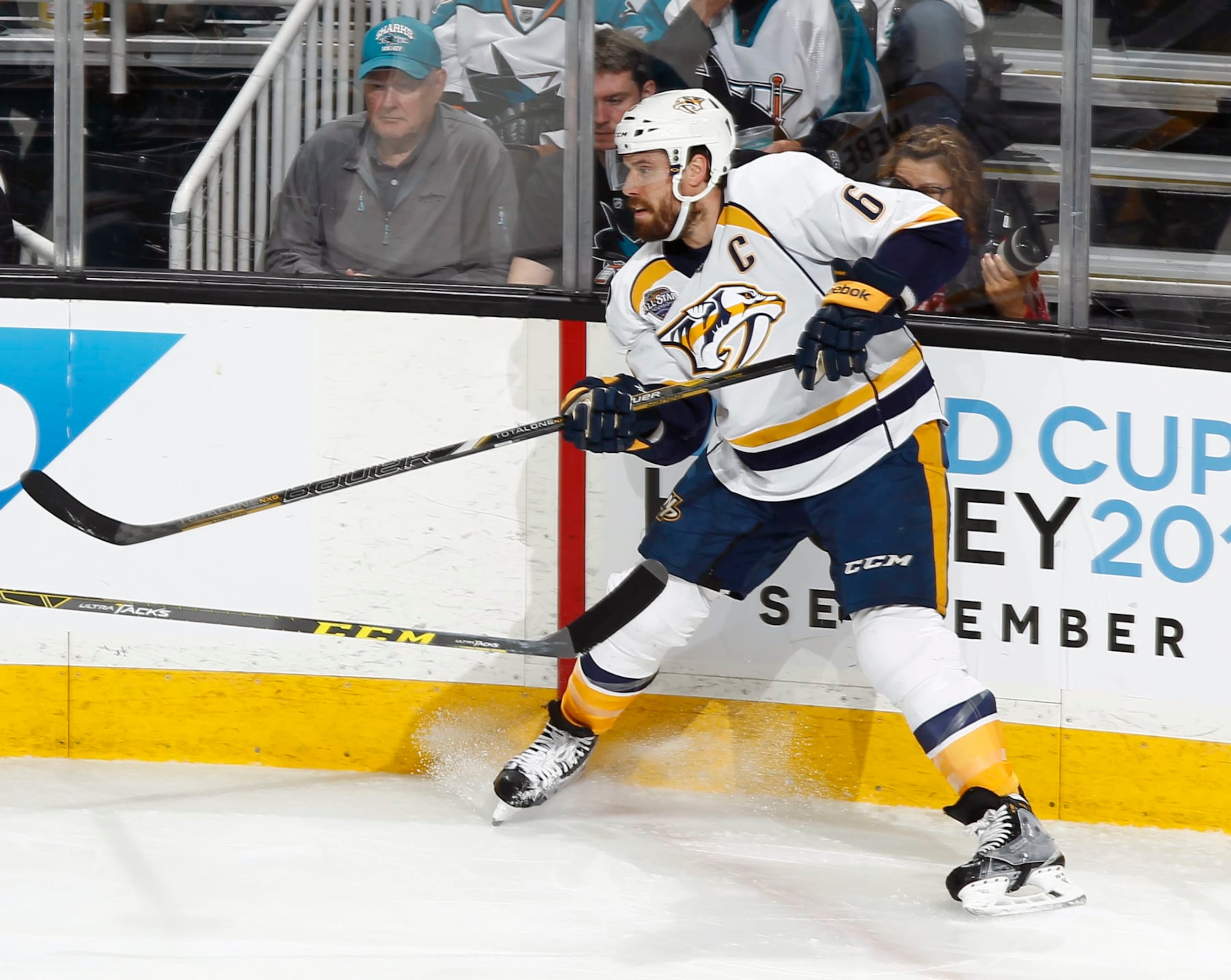 SAN JOSE, CA - MAY 1: Shea Weber #6 of the Nashville Predators shoots up the ice out of the zone against the San Jose Sharks in game two of the Western Conference Second Round during the 2016 NHL Stanley Cup Playoffs at the SAP Center at San Jose on May 1, 2016 in San Jose, California. (Photo by Nick Lust/NHLI via Getty Images)
