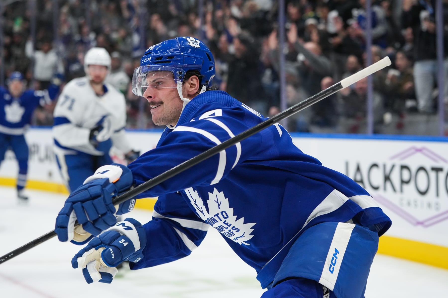 TORONTO, CANADA - NOVEMBER 6: Auston Matthews #34 of the Toronto Maple Leafs celebrates scoring against the Tampa Bay Lightning at Scotiabank Arena on November 6, 2023 in Toronto, Ontario, Canada. (Photo by Michael Chisholm/NHLI via Getty Images)