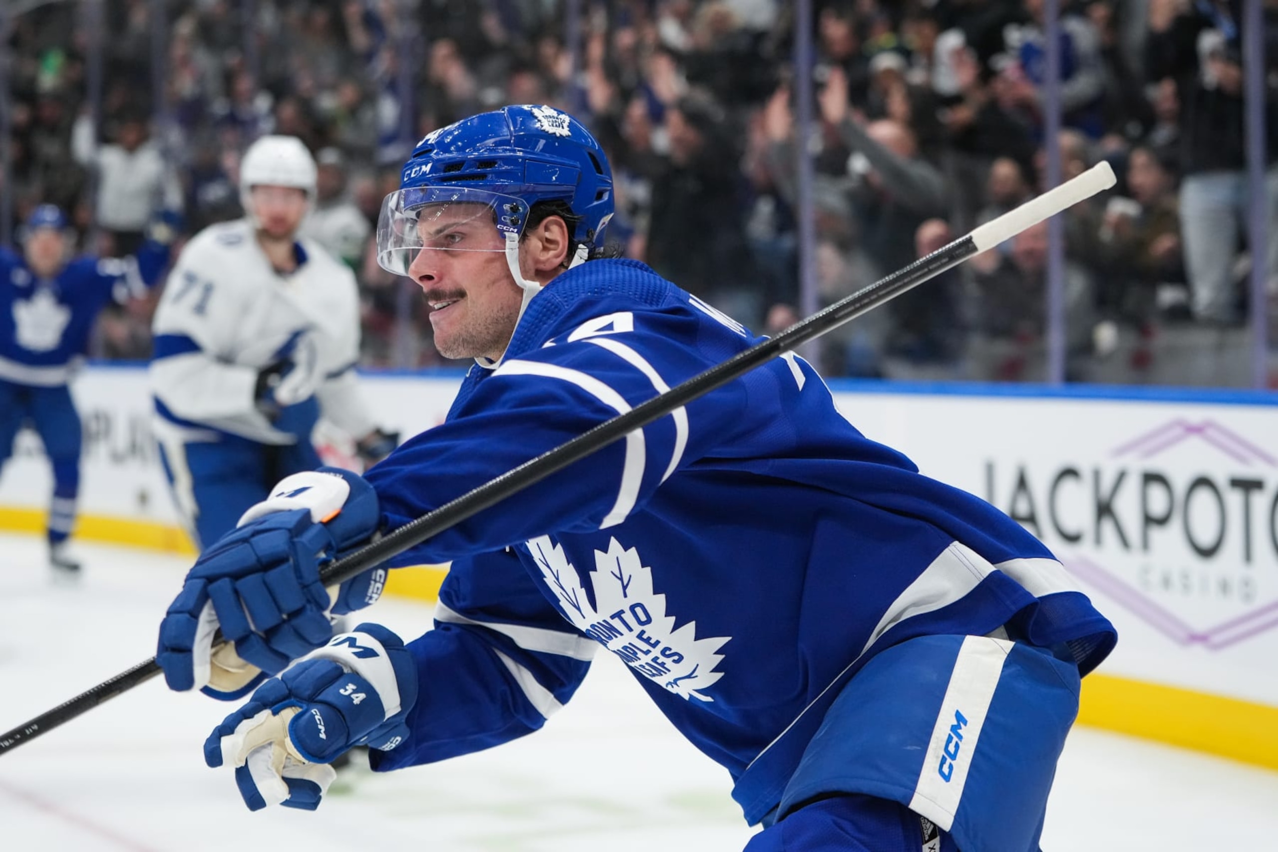 TORONTO, CANADA - NOVEMBER 6: Auston Matthews #34 of the Toronto Maple Leafs celebrates scoring against the Tampa Bay Lightning at Scotiabank Arena on November 6, 2023 in Toronto, Ontario, Canada. (Photo by Michael Chisholm/NHLI via Getty Images)