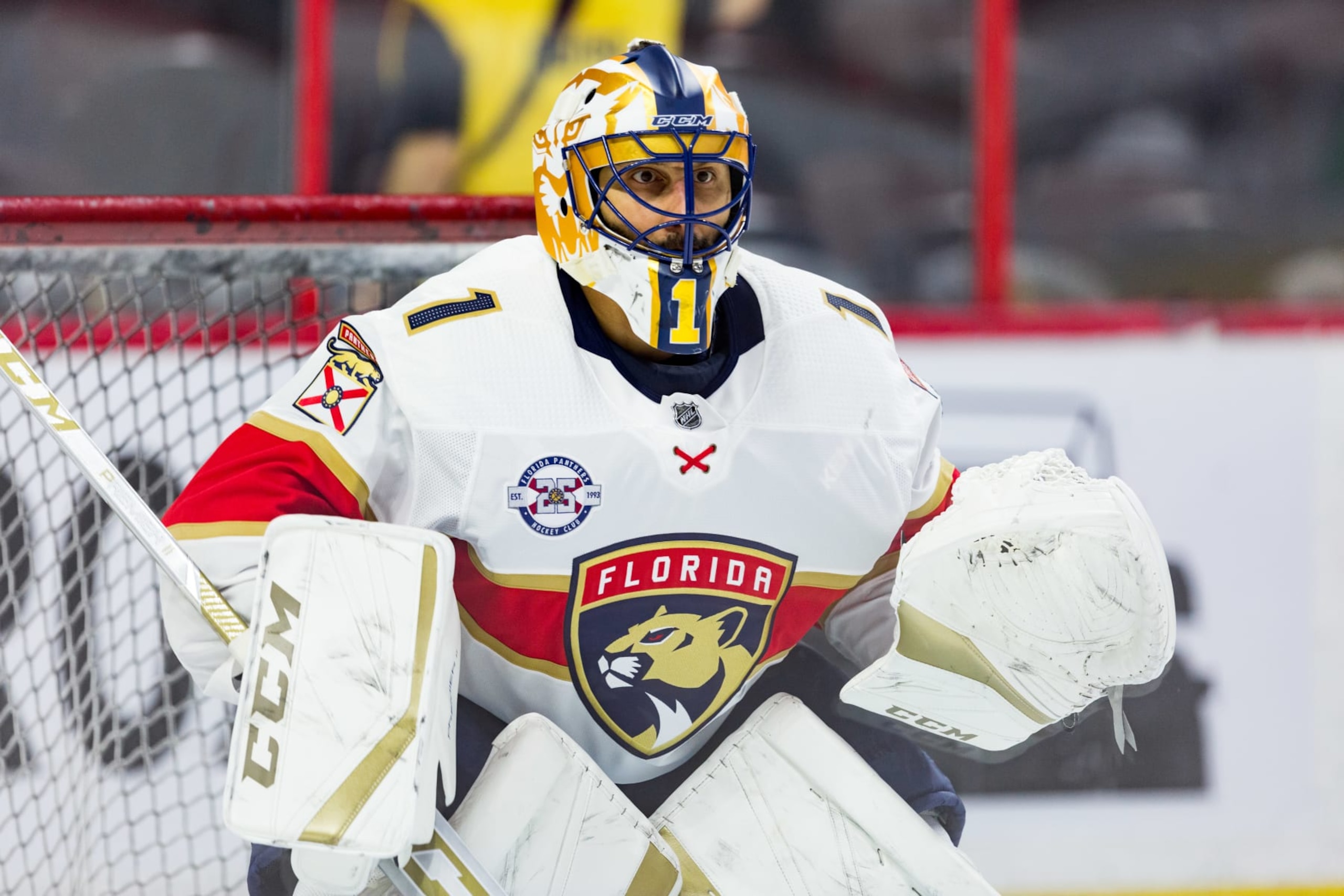 OTTAWA, ON - MARCH 28: Florida Panthers Goalie Roberto Luongo (1) prepares to make a save during warm-up before National Hockey League action between the Florida Panthers and Ottawa Senators on March 28, 2019, at Canadian Tire Centre in Ottawa, ON, Canada. (Photo by Richard A. Whittaker/Icon Sportswire via Getty Images)