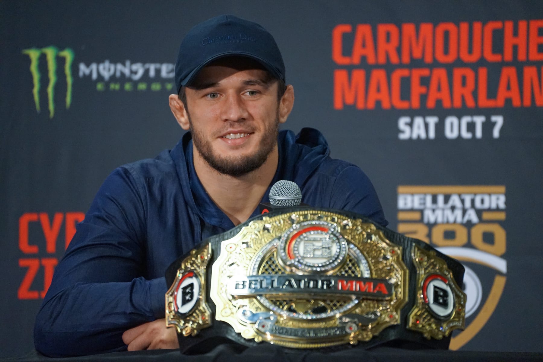 SAN DIEGO, CA - OCTOBER 7: Usman Nurmagomedov speaks with the media at the Bellator 300 post-fight press conference on October 7, 2023, at the Pechanga Arena in San Diego, CA. (Photo by Amy Kaplan/Icon Sportswire via Getty Images)