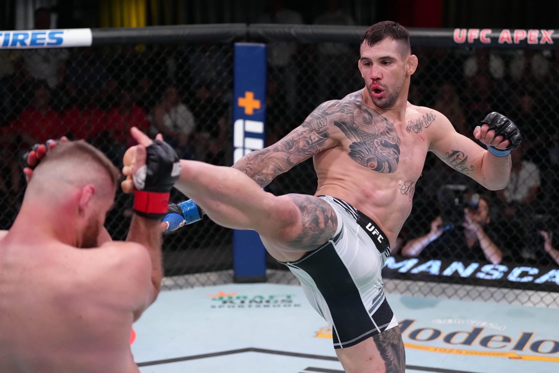 LAS VEGAS, NEVADA - MAY 14: (R-L) Aleksandar Rakic of Austria kicks Jan Blachowicz of Poland in a light heavyweight fight during the UFC Fight Night event at UFC APEX on May 14, 2022 in Las Vegas, Nevada. (Photo by Jeff Bottari/Zuffa LLC)