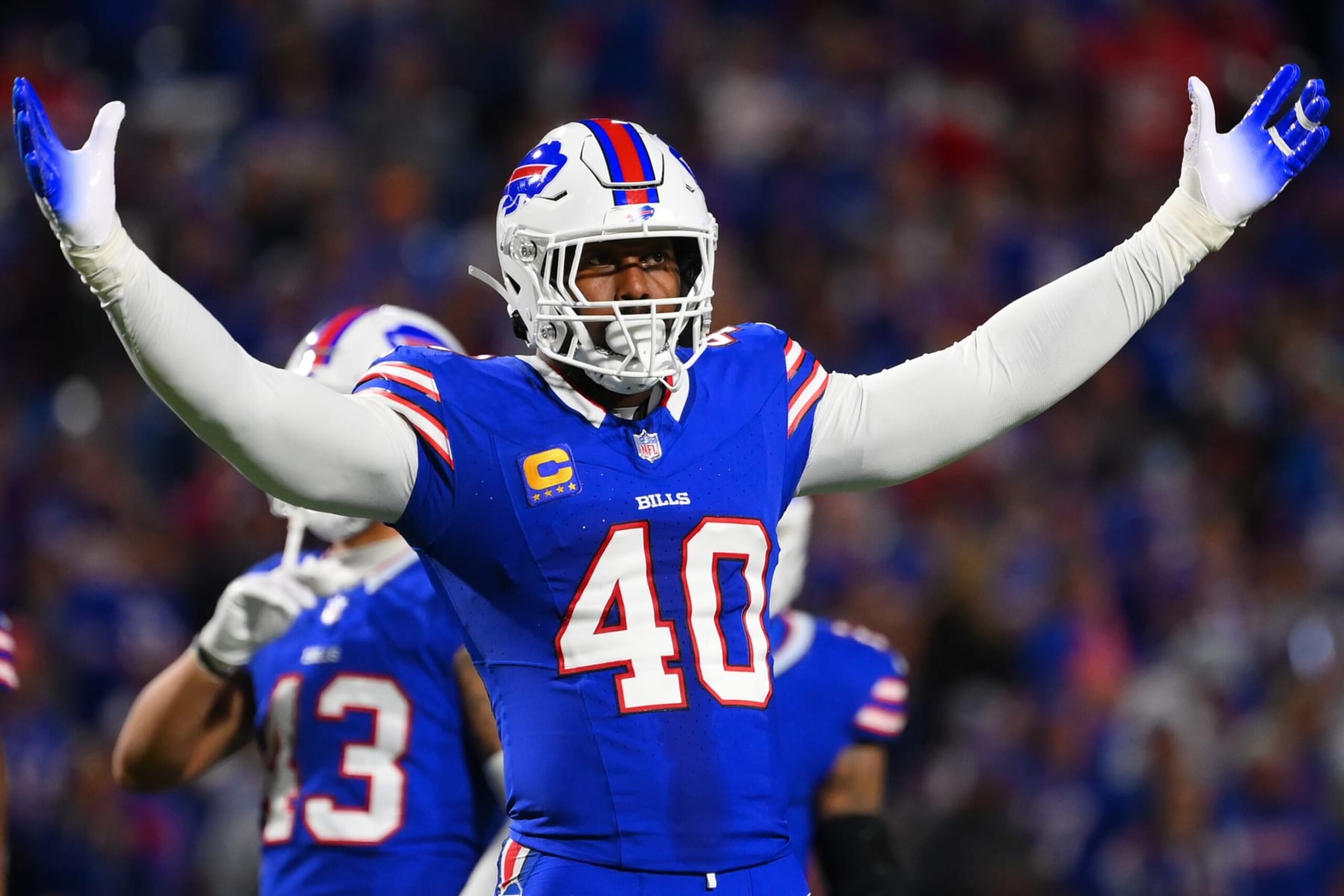 ORCHARD PARK, NEW YORK - OCTOBER 26: Von Miller #40 of the Buffalo Bills gestures to the crowd against the Tampa Bay Buccaneers during the second half at Highmark Stadium on October 26, 2023 in Orchard Park, New York. (Photo by Rich Barnes/Getty Images)