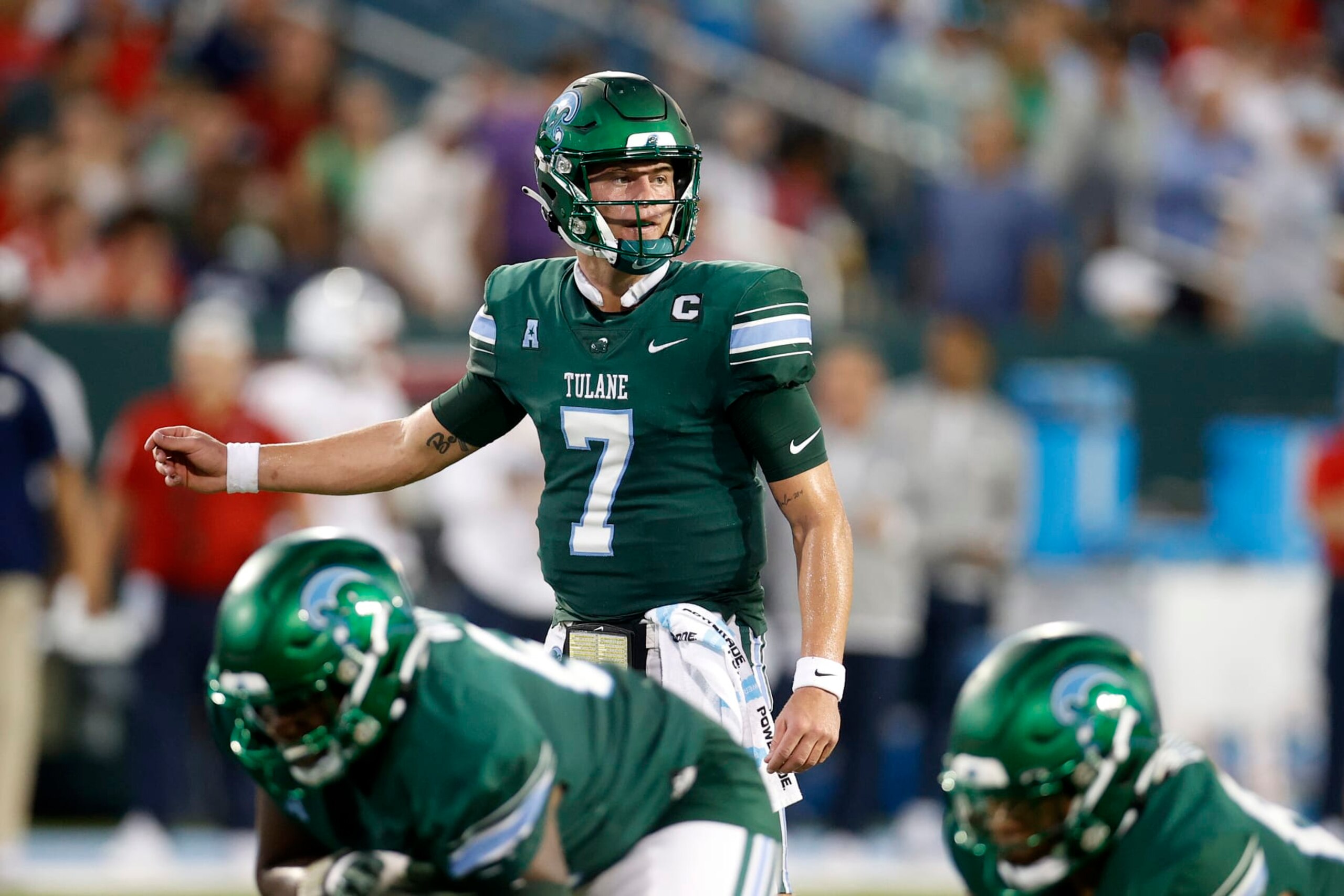 NEW ORLEANS, LOUISIANA - SEPTEMBER 02: Michael Pratt #7 of the Tulane Green Wave in action against the University of Southern Alabama at Yulman Stadium on September 02, 2023 in New Orleans, Louisiana. (Photo by Chris Graythen/Getty Images)