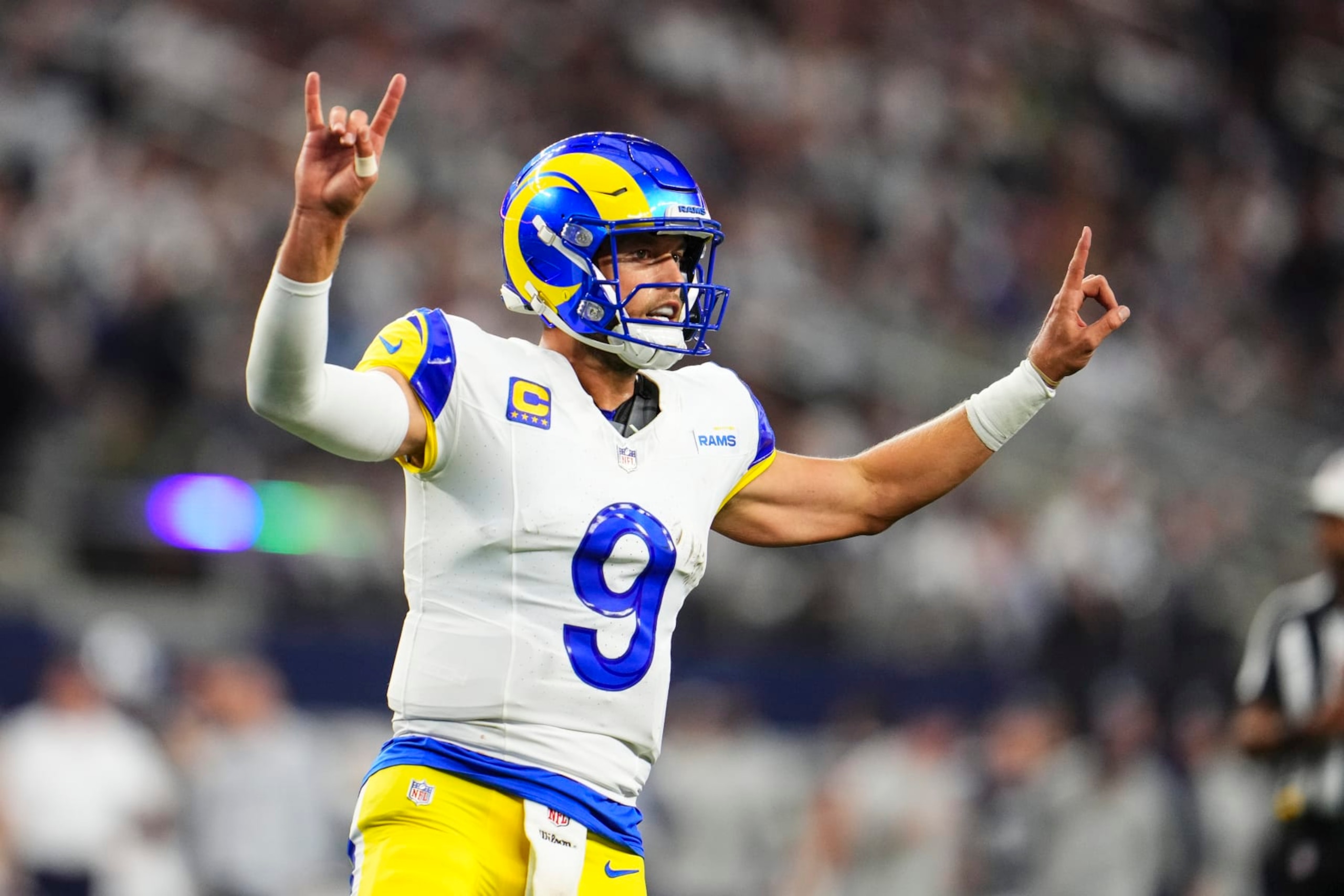 ARLINGTON, TX - OCTOBER 29: Matthew Stafford #9 of the Los Angeles Rams gives assignments during an NFL game against the Dallas Cowboys at AT&T Stadium on October 29, 2023 in Arlington, Texas. (Photo by Cooper Neill/Getty Images)