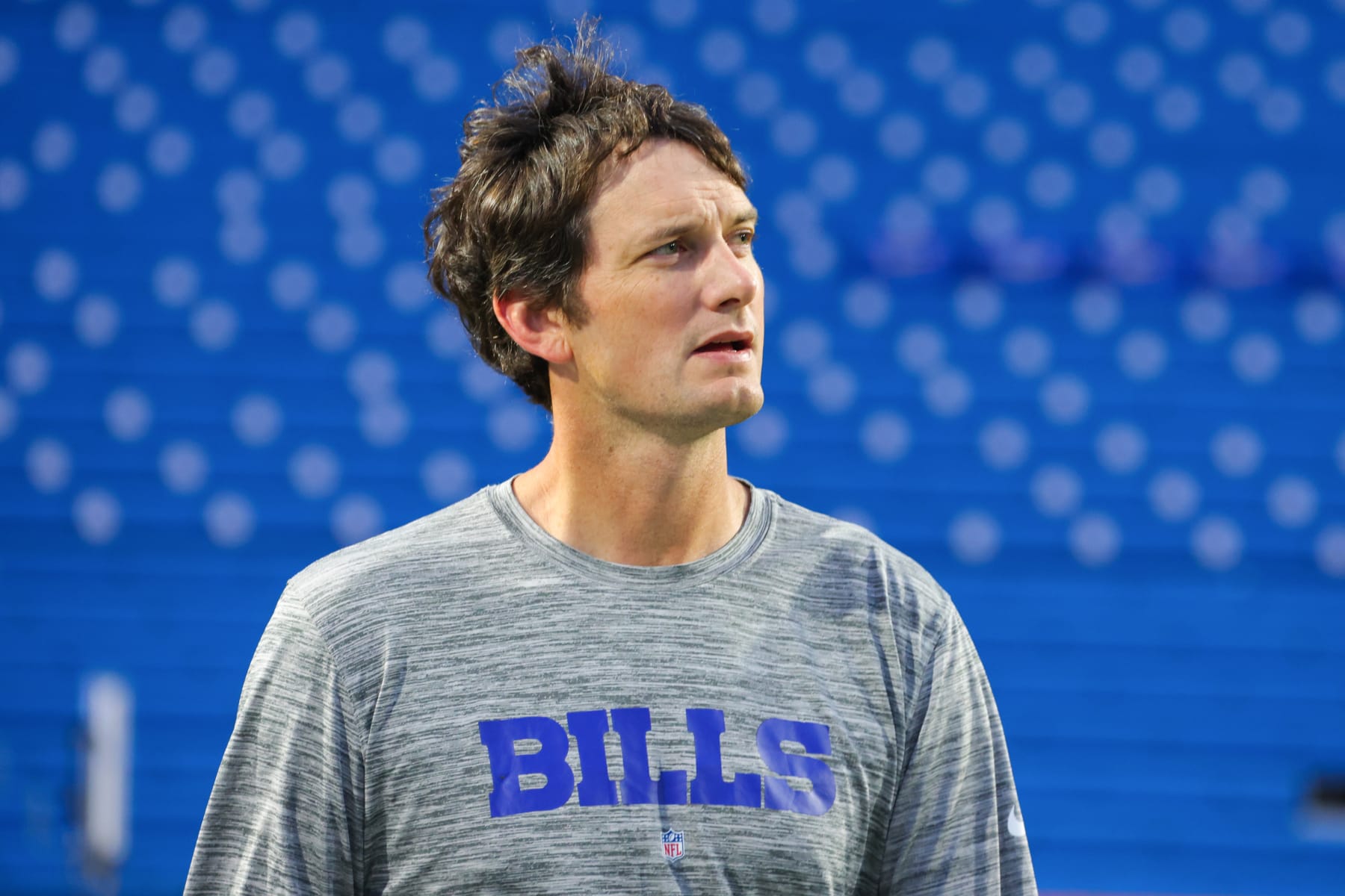 ORCHARD PARK, NEW YORK - OCTOBER 26: Offensive Coordinator Ken Dorsey of the Buffalo Bills looks on prior to a game against the Tampa Bay Buccaneers at Highmark Stadium on October 26, 2023 in Orchard Park, New York. (Photo by Timothy T Ludwig/Getty Images)